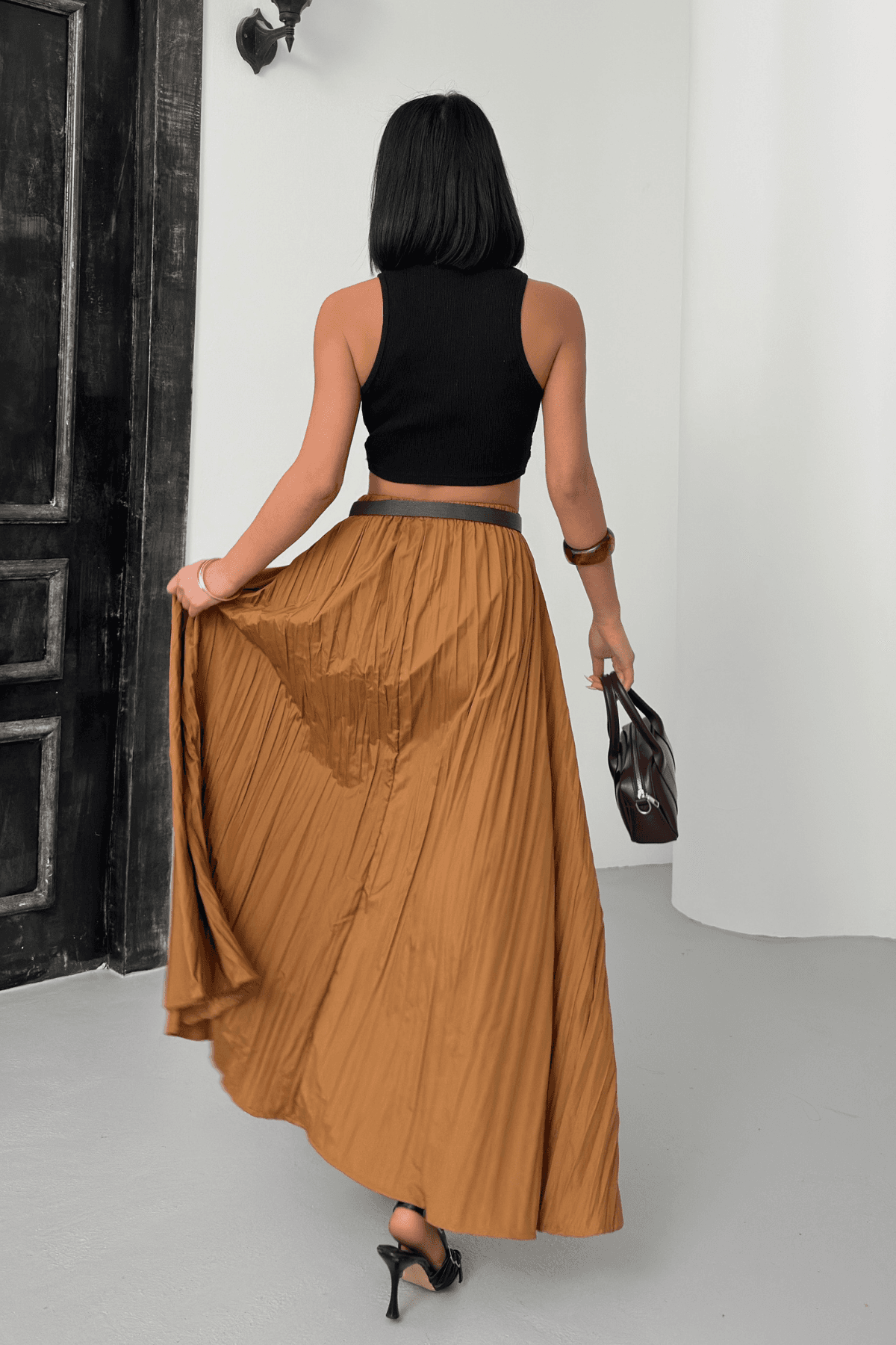 Kadın Camel Crush Efektli Uzun Kloş Etek
