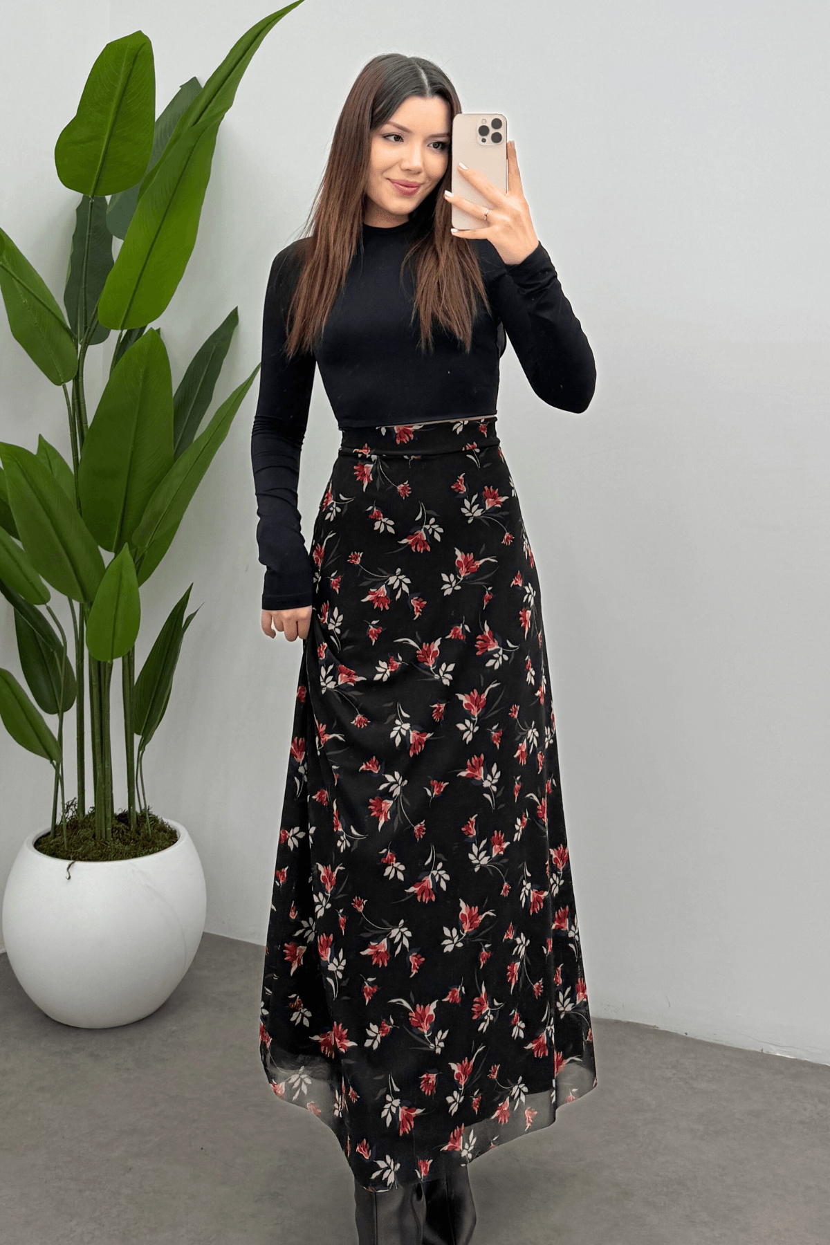 Kadın Kırmızı Yaprak Baskılı  Arka Lastik Detaylı Fermuarlı Tül Etek