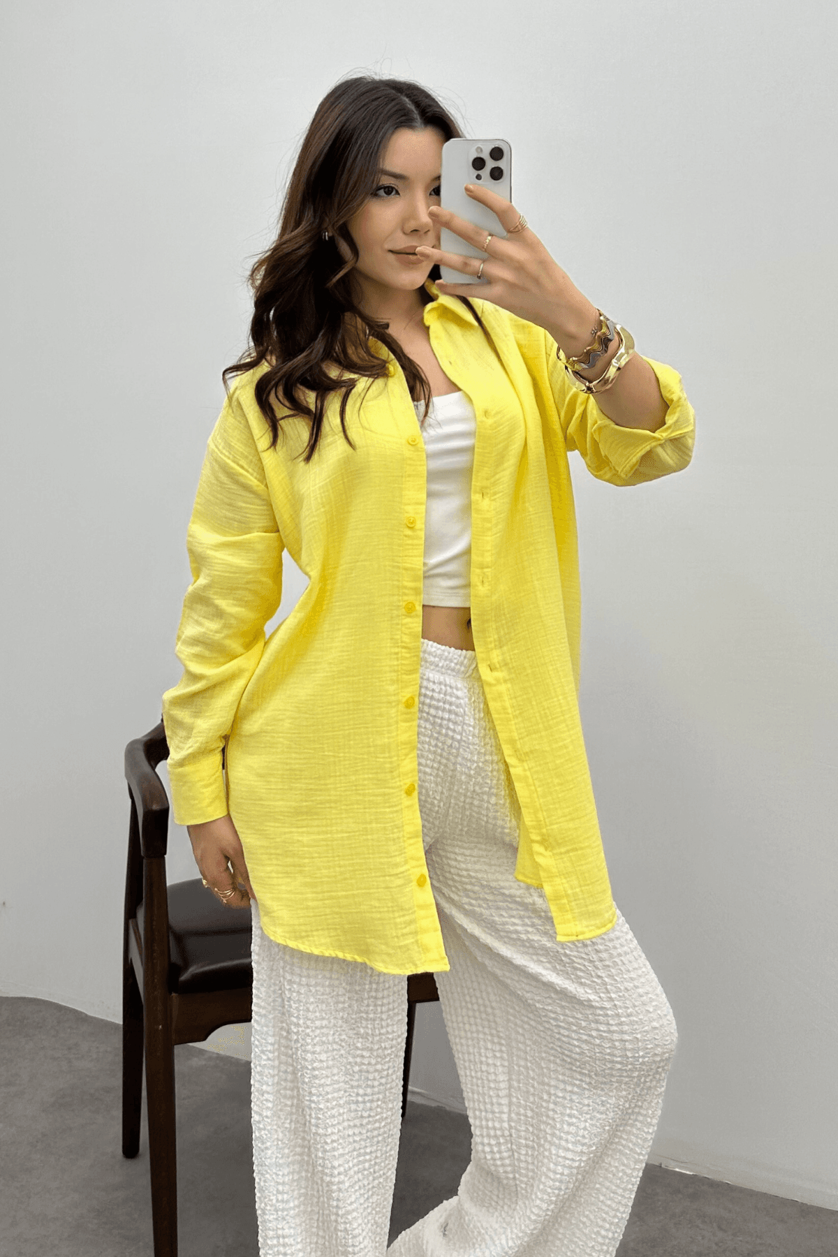 Kadın Tereyağı Sarısı Oversize Basic Müslin Gömlek