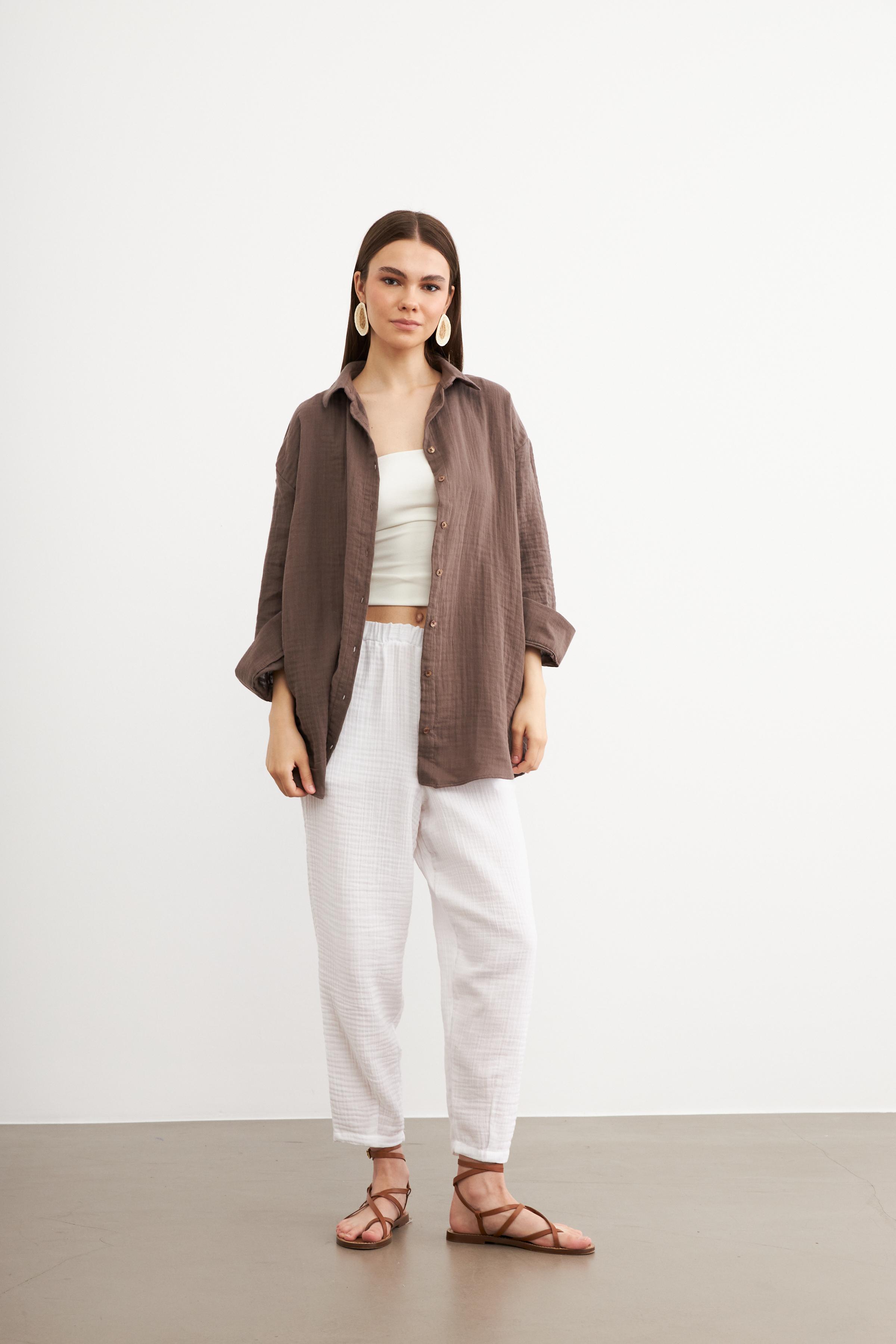 Kadın Mocha Oversize Basic Müslin Gömlek