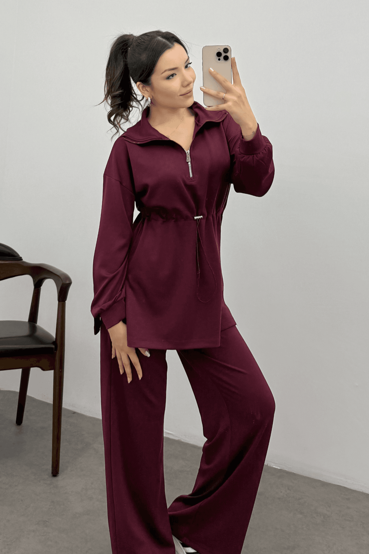Kadın Bordo Oysho Beli Lastikli Fermuarlı Sweat Takım