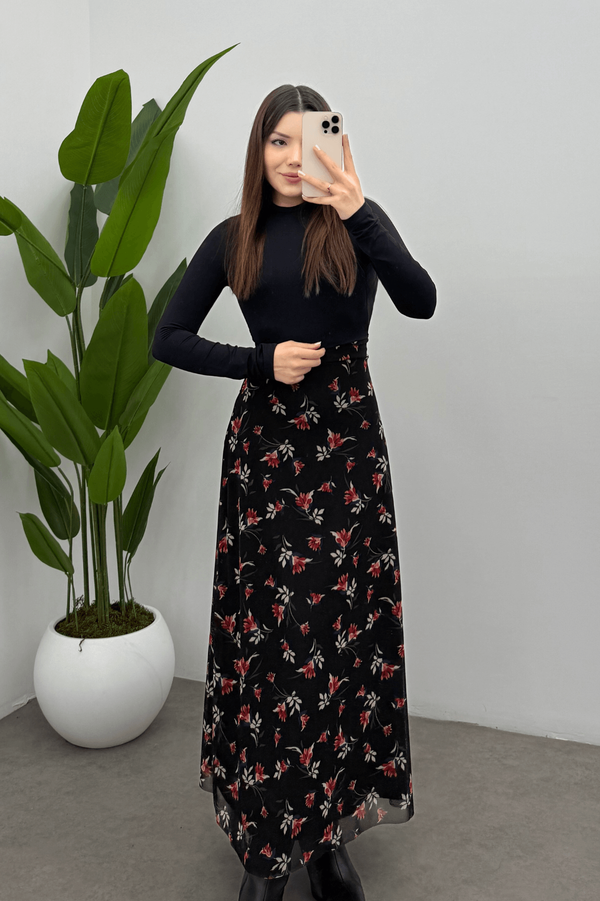 Kadın Kırmızı Yaprak Baskılı  Arka Lastik Detaylı Fermuarlı Tül Etek