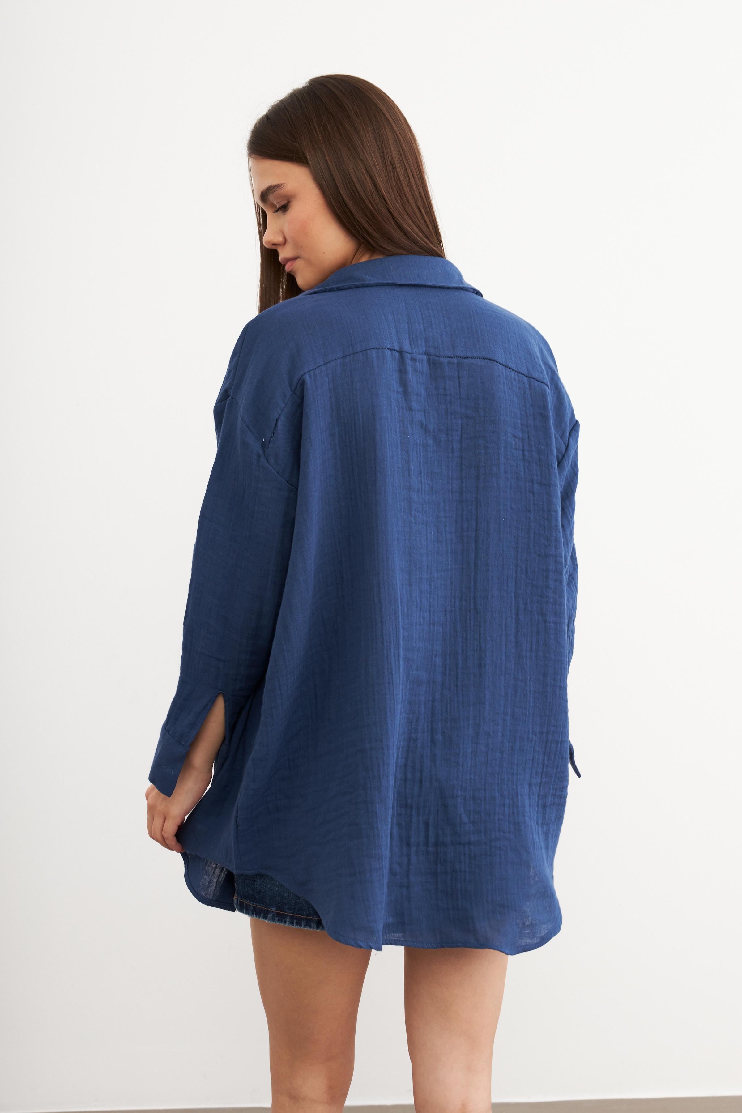 Kadın Lacivert Oversize Basic Müslin Gömlek