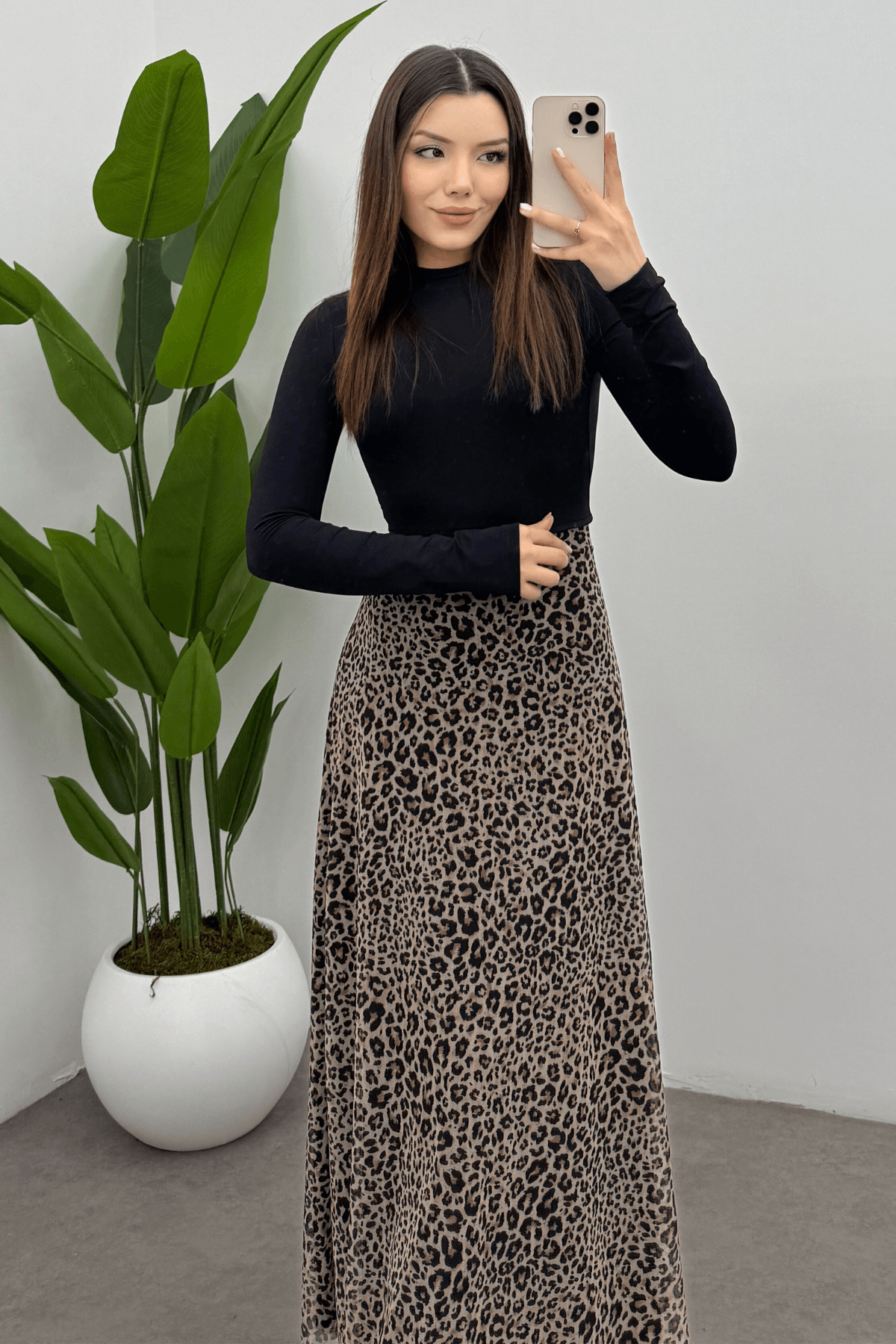 Kadın Kahverengi Nokta Leopar Baskılı  Arka Lastik Detaylı Fermuarlı Tül Etek