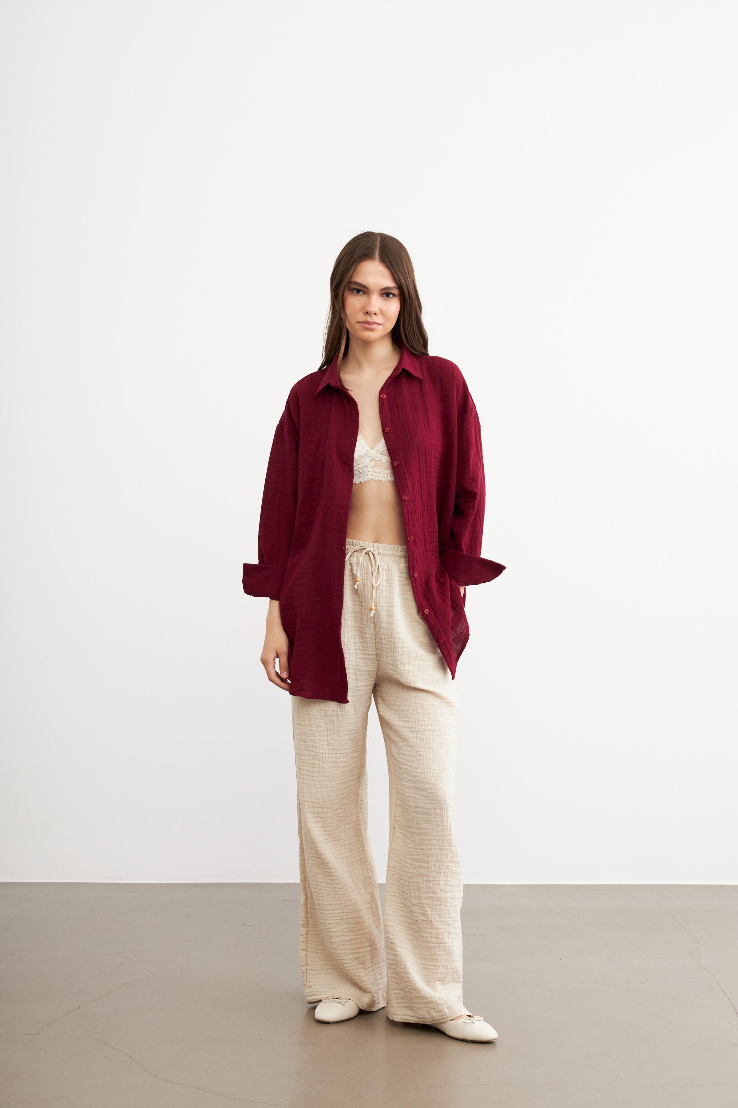 Kadın Bordo Oversize Basic Müslin Gömlek