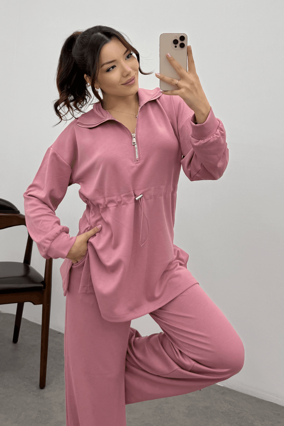 Kadın Pembe Oysho Beli Lastikli Fermuarlı Sweat Takım 