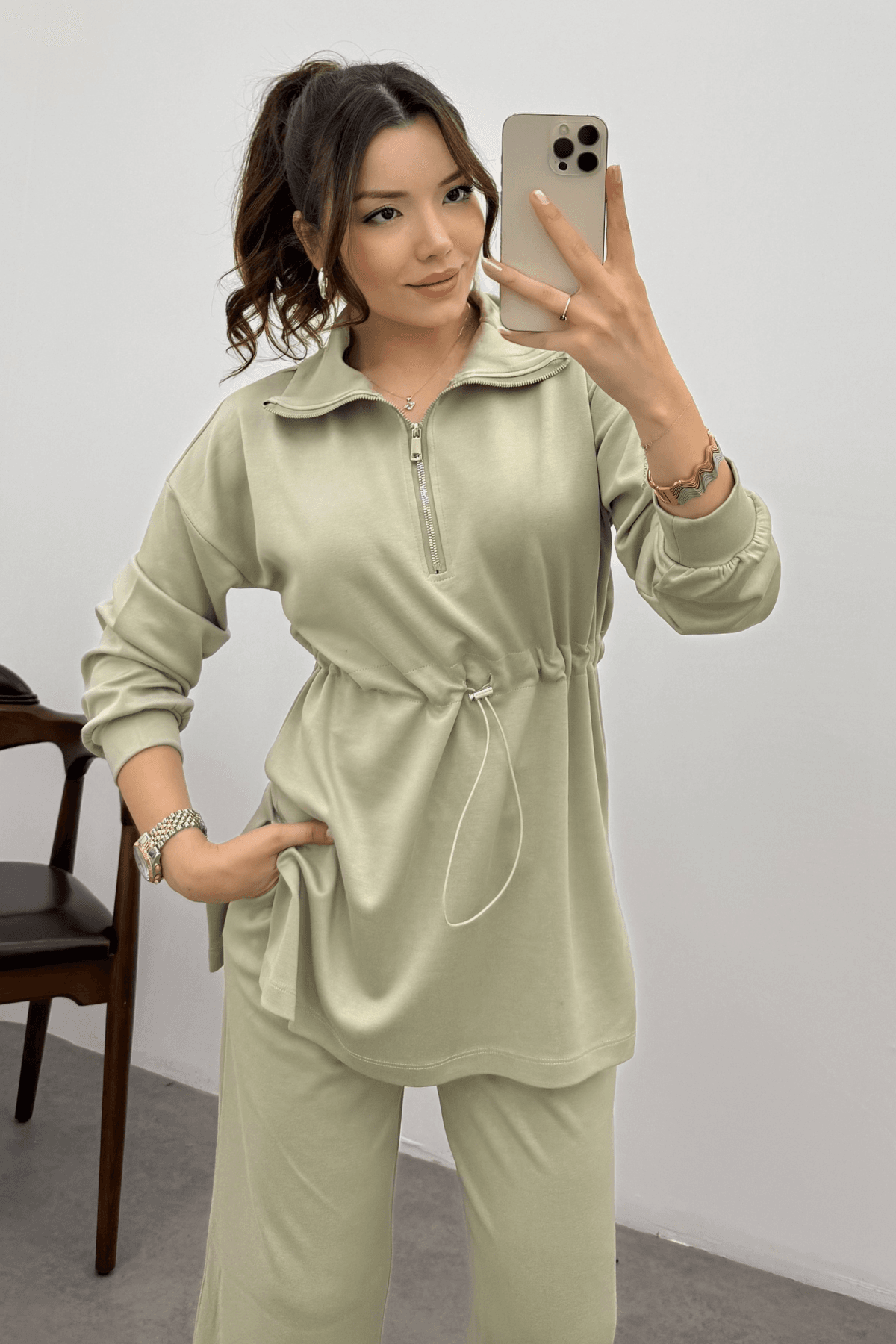 Kadın Soluk Haki Oysho Beli Lastikli Fermuarlı Sweat Takım