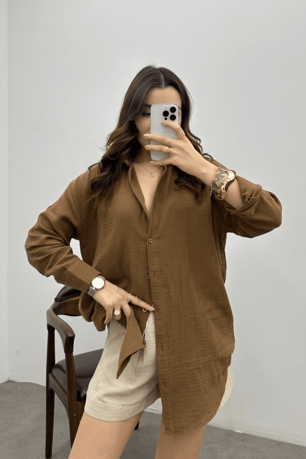 Kadın Kızıl Kahve Oversize Basic Müslin Gömlek