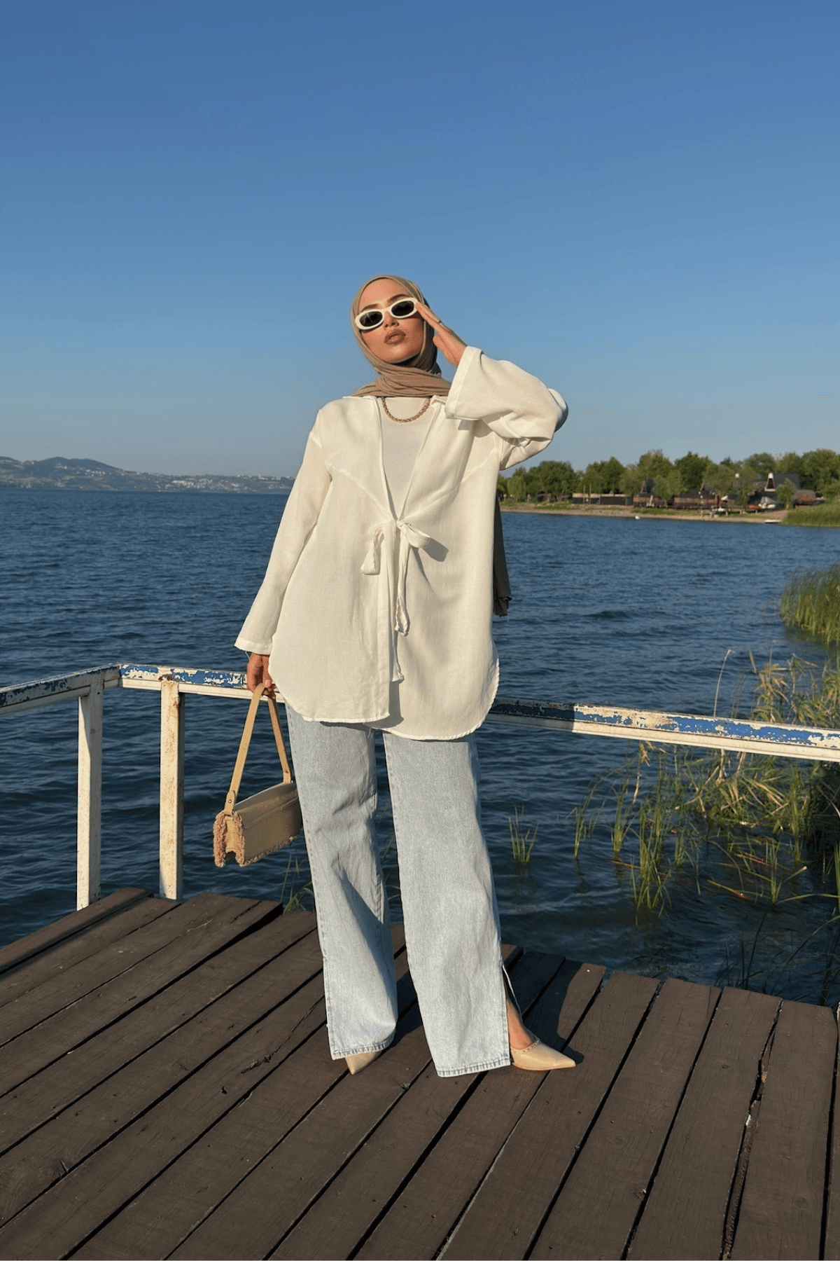 Kadın Beyaz Bağlama Detaylı Flam Keten Kimono