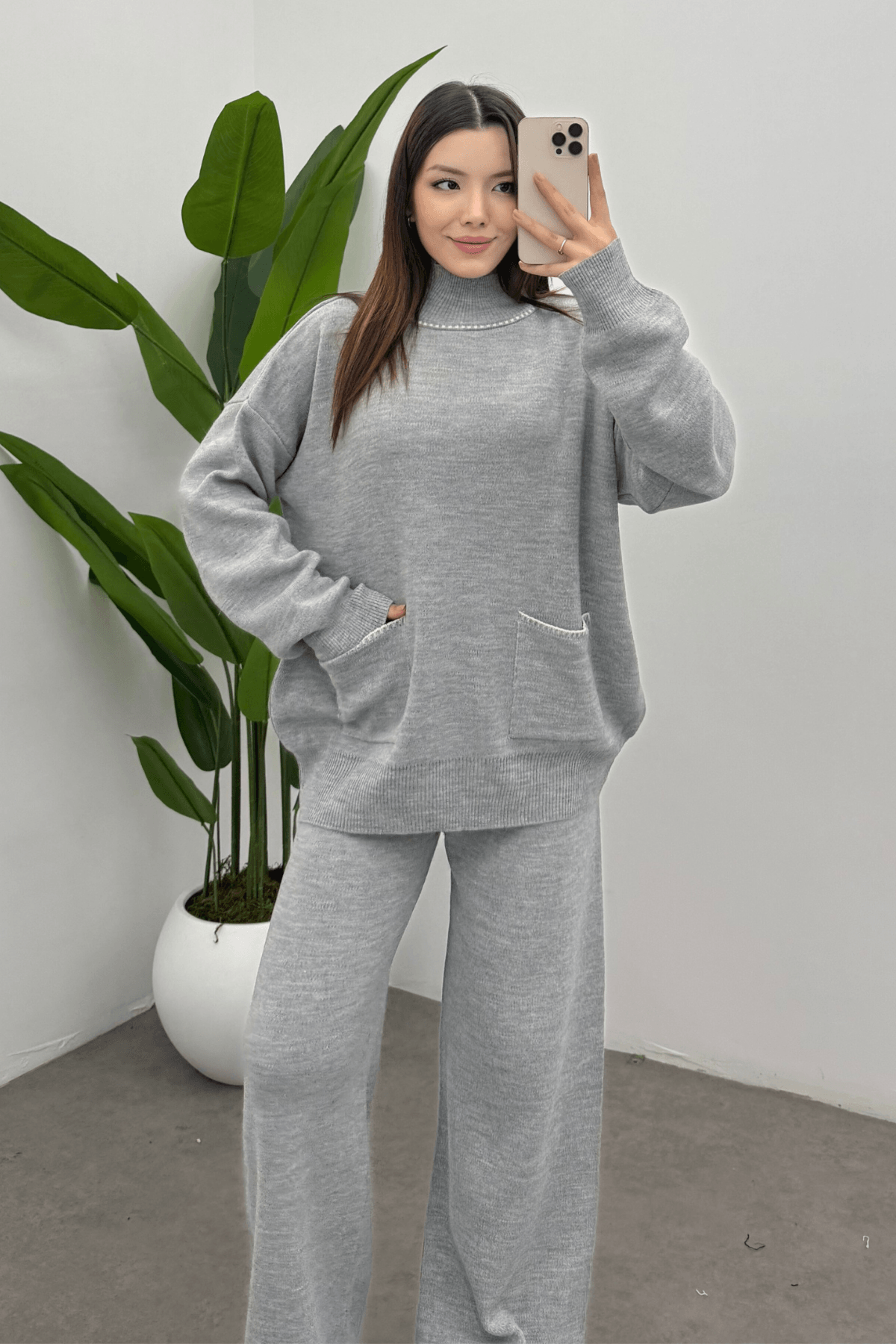 Kadın Gri Balıkçı Yaka Cep Detaylı Kazak Pantolon Triko Takım