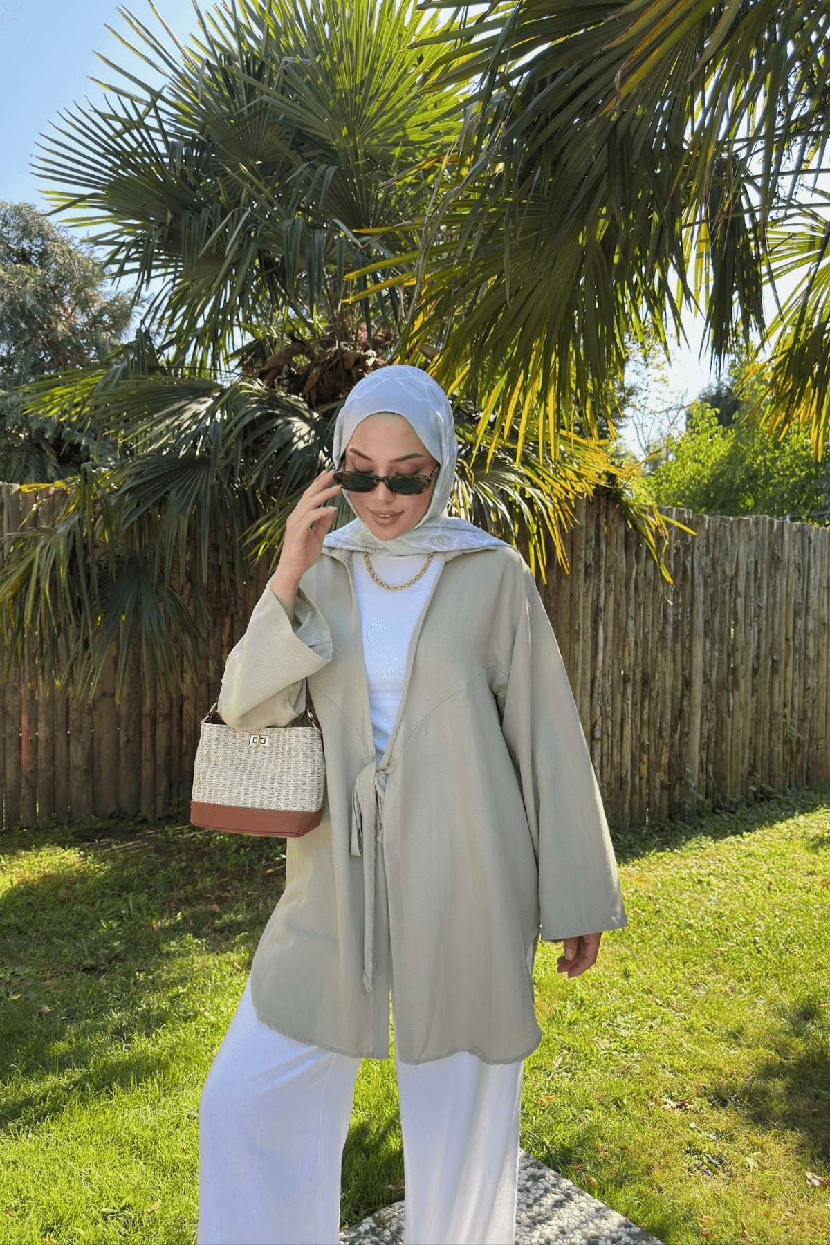 Kadın Küf Yeşili Bağlama Detaylı Flam Keten Kimono