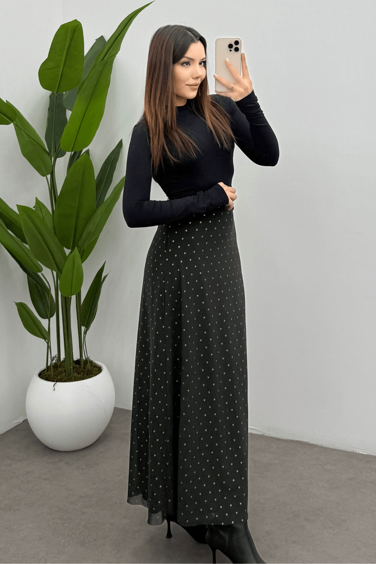 Kadın Yeşil Puantiyeli   Arka Lastik Detaylı Fermuarlı Tül Etek