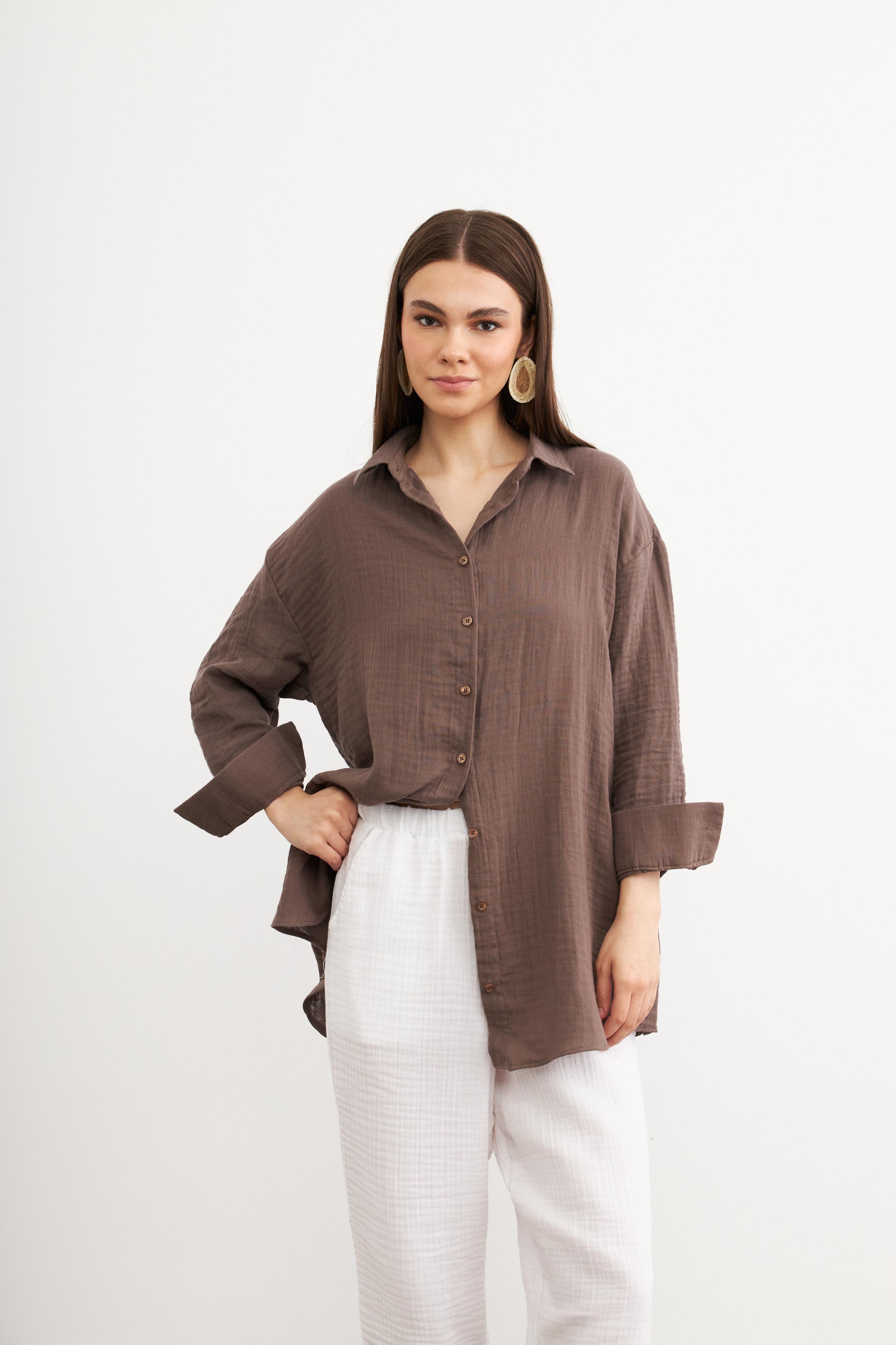 Kadın Mocha Oversize Basic Müslin Gömlek
