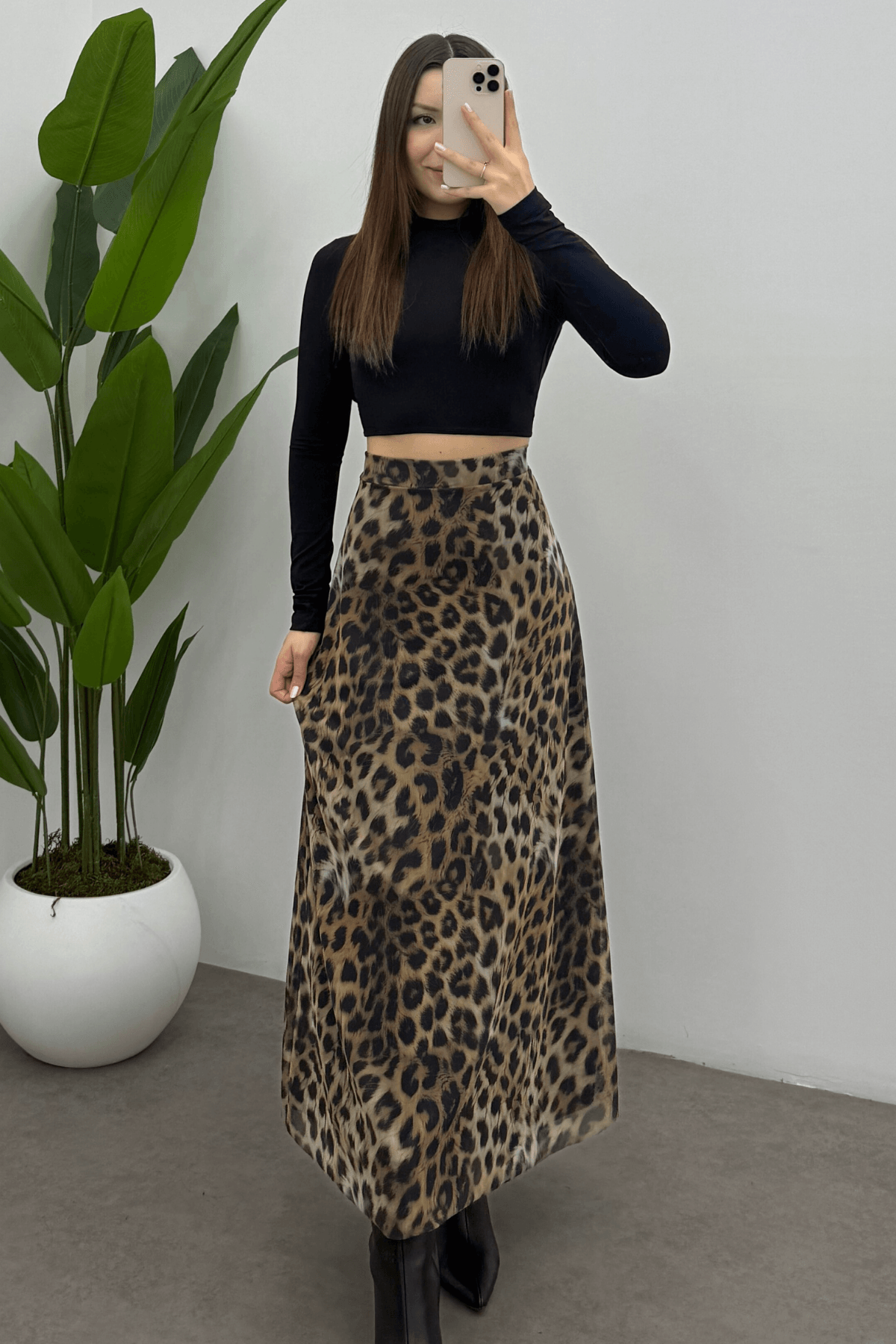  Kadın Leopar   Arka Lastik Detaylı Fermuarlı Maksi  Tül Etek