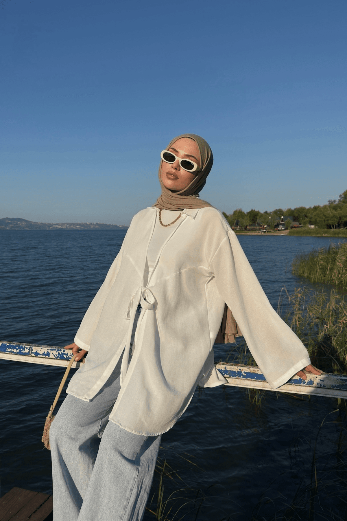 Kadın Beyaz Bağlama Detaylı Flam Keten Kimono