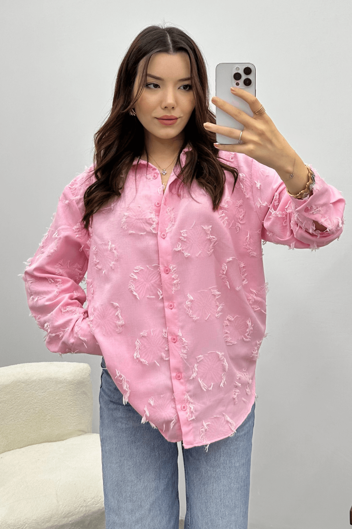 Kadın Düğmeli Pembe Püskül Detaylı Gömlek