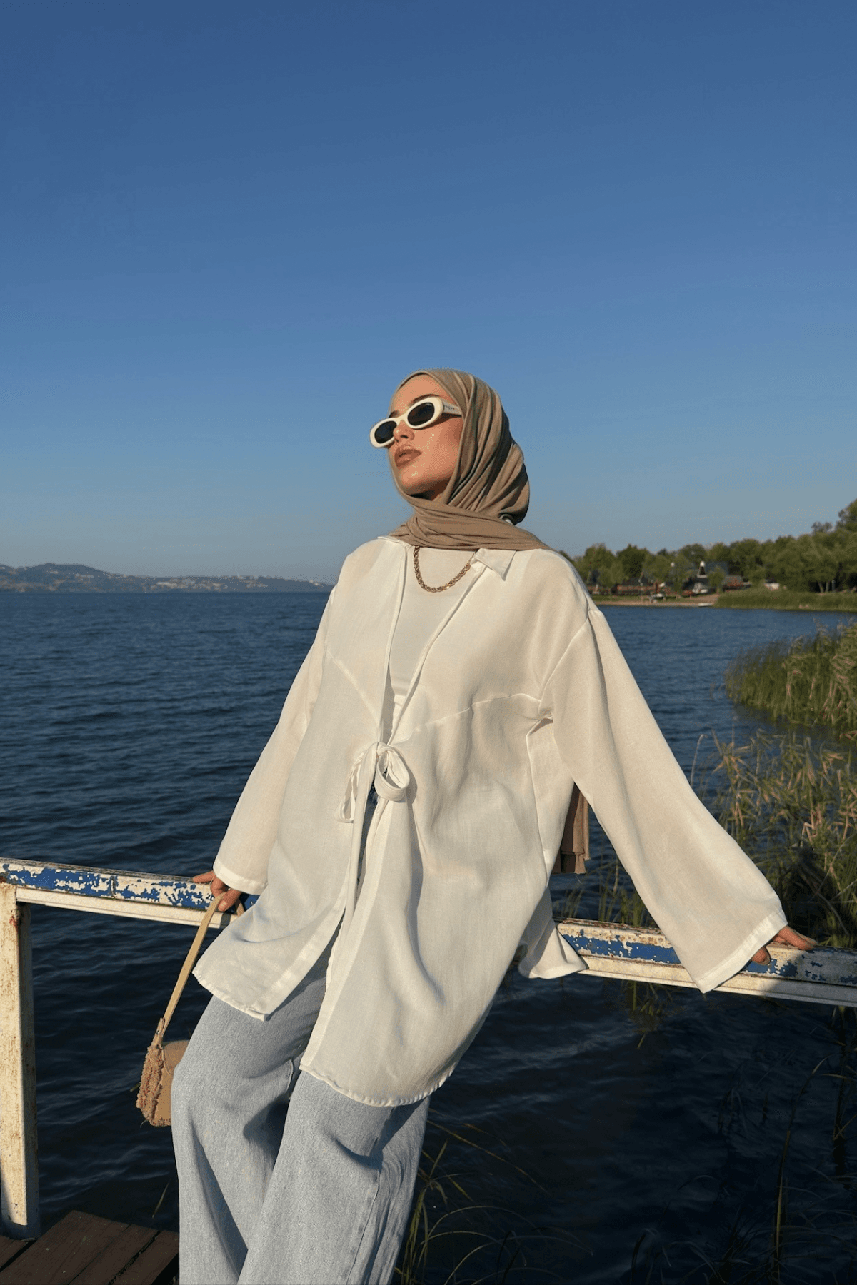 Kadın Beyaz Bağlama Detaylı Flam Keten Kimono