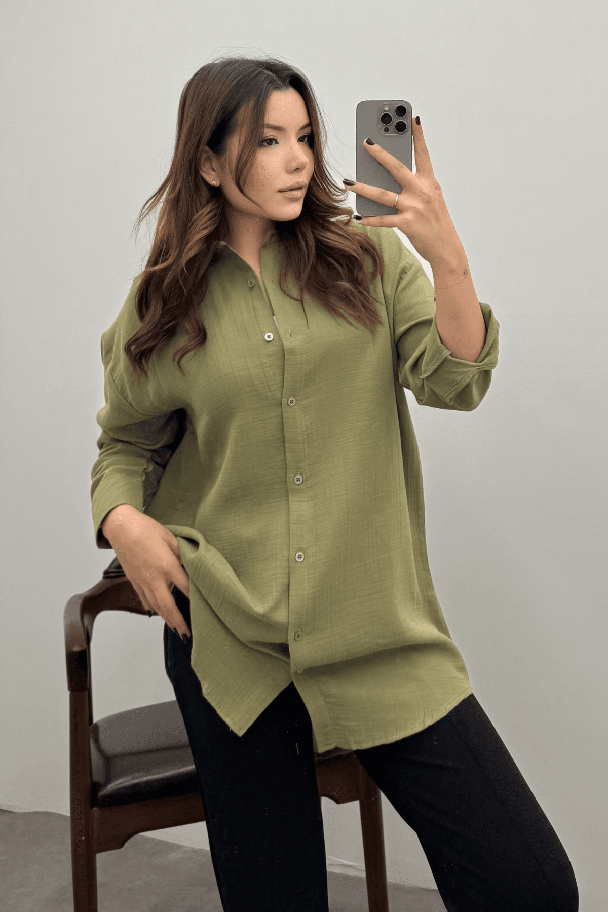 Kadın Haki Oversize Basic Müslin Gömlek