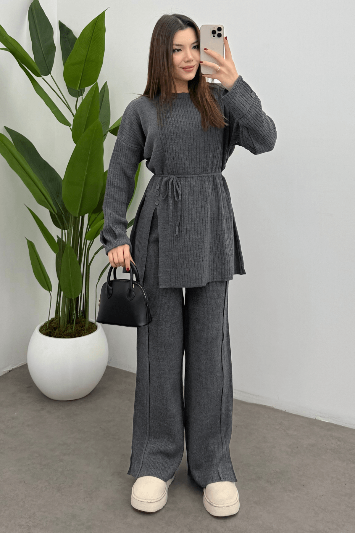 Kadın Gri Bel Bağlamalı Düğme Detaylı Fitilli Triko Kazak Pantolon İkili Takım