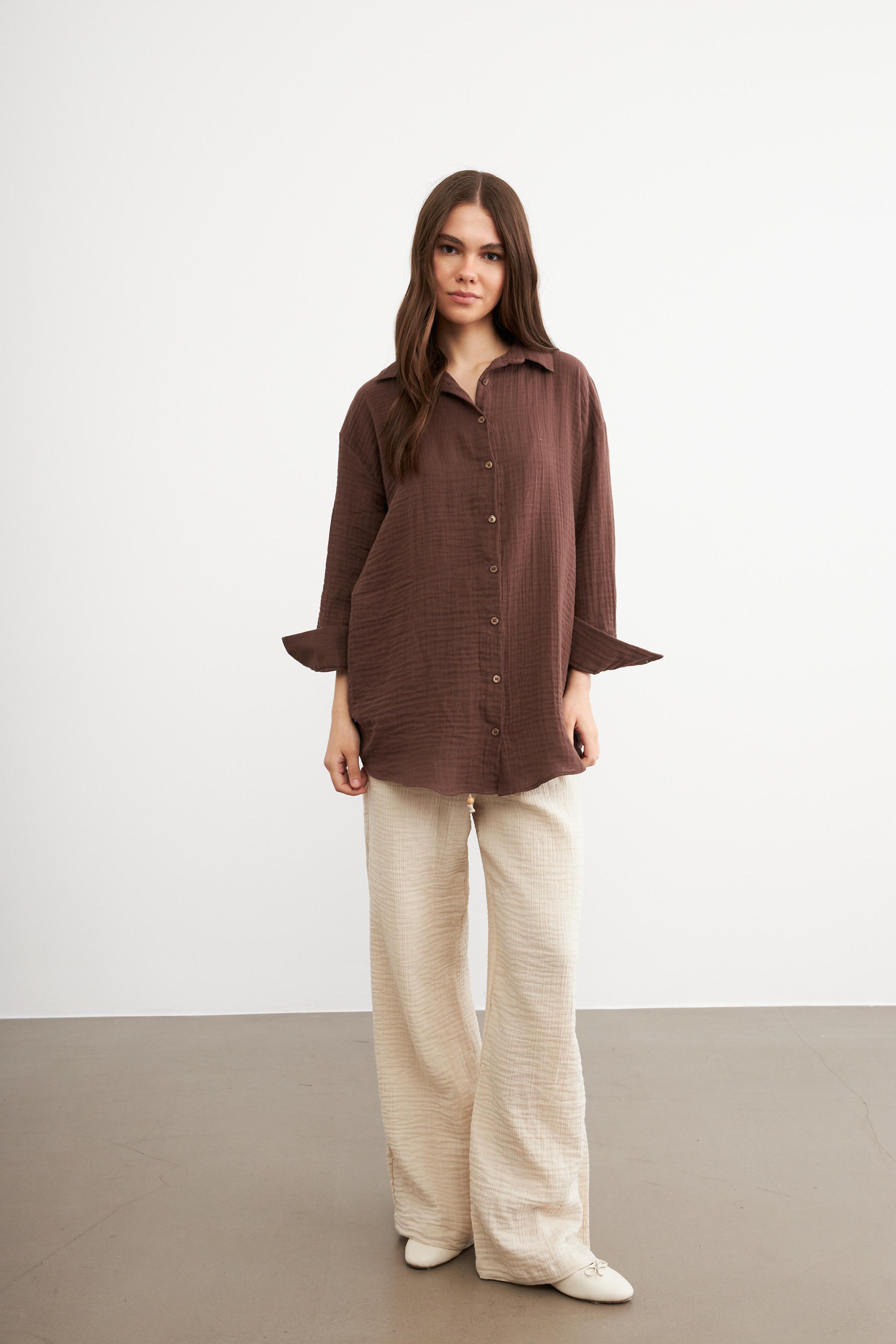 Kadın Acı Kahve Oversize Basic Müslin Gömlek