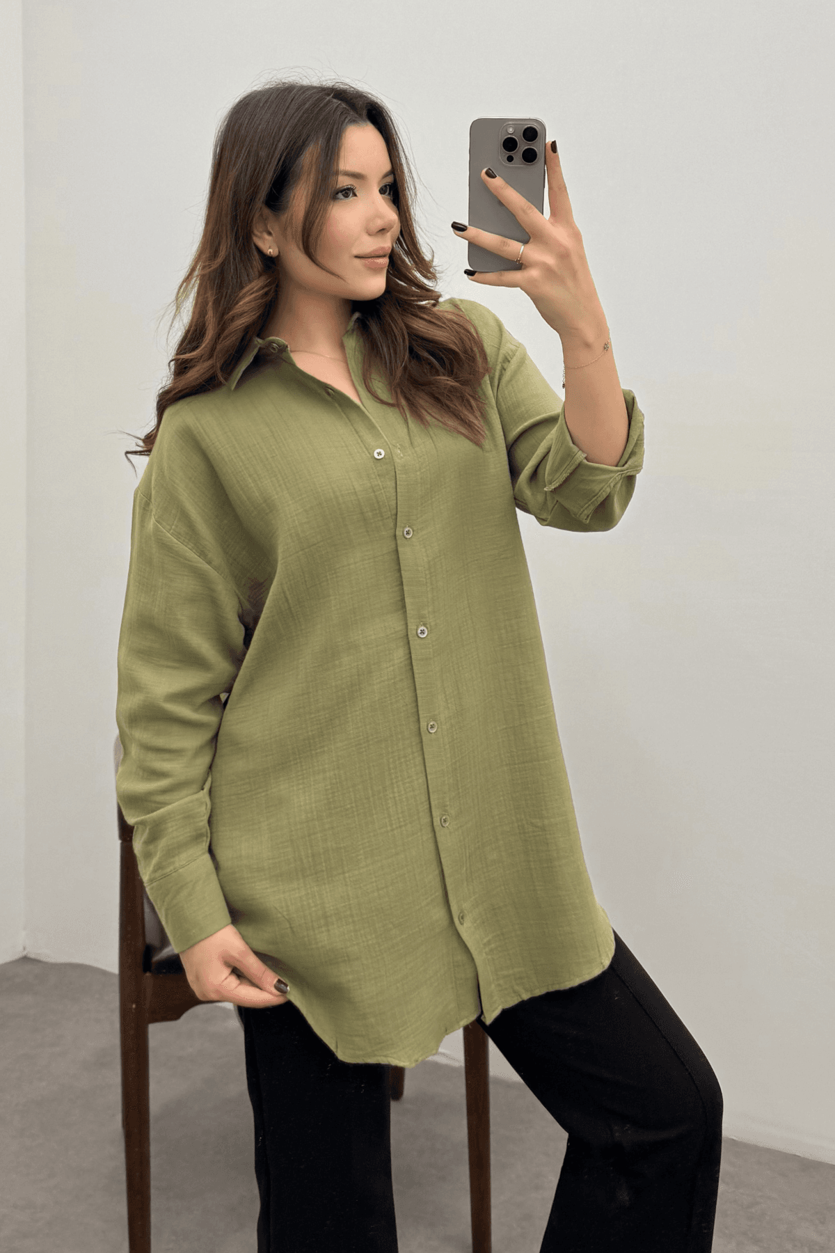Kadın Haki Oversize Basic Müslin Gömlek