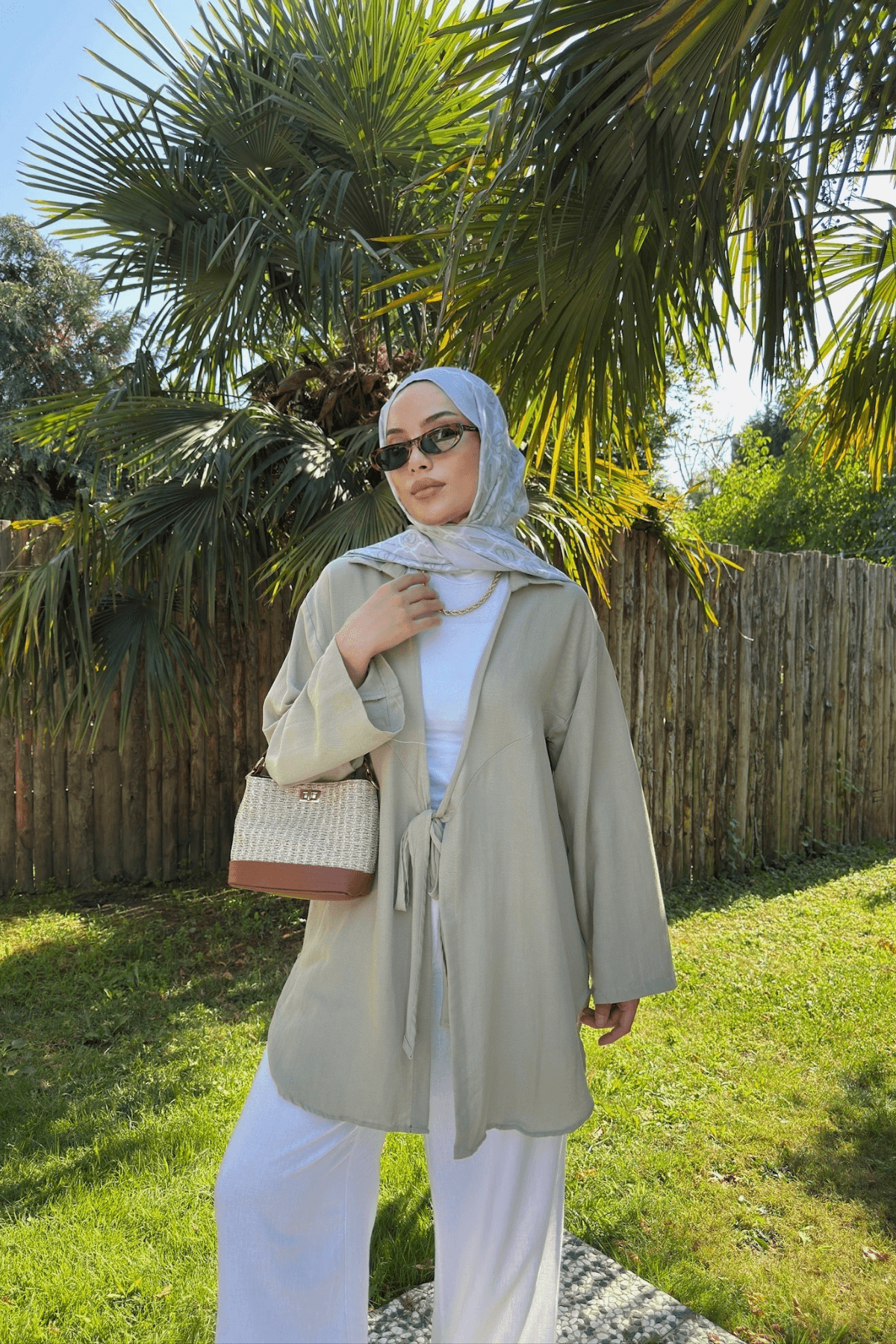 Kadın Küf Yeşili Bağlama Detaylı Flam Keten Kimono