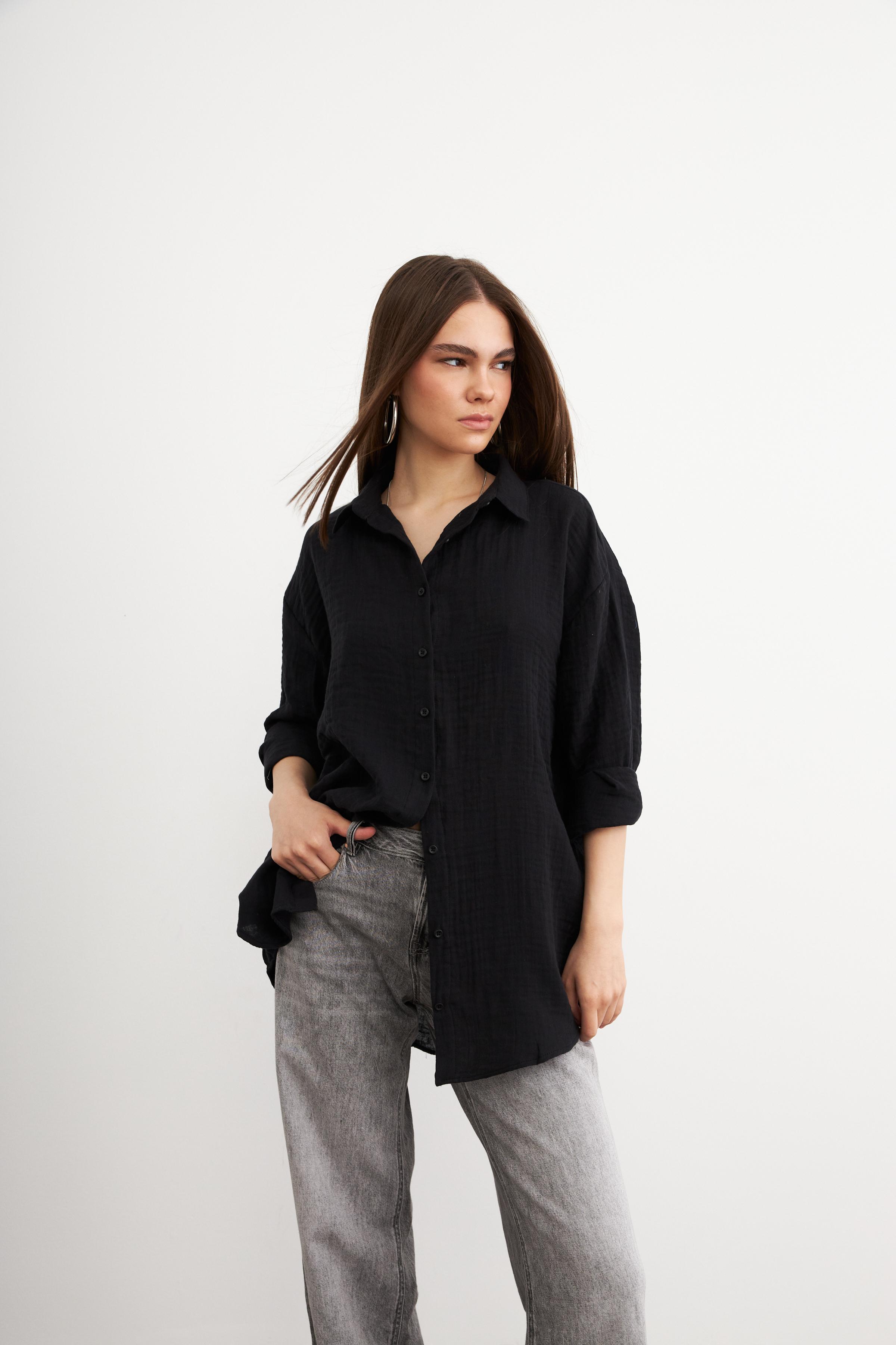 Kadın Siyah Oversize Basic Müslin Gömlek