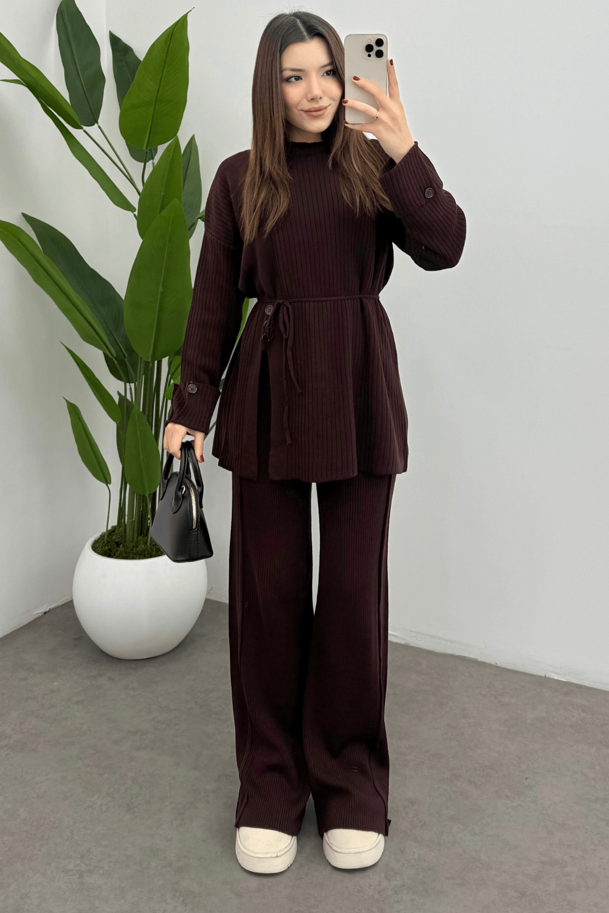 Kadın Bordo Bel Bağlamalı Düğme Detaylı Fitilli Triko Kazak Pantolon İkili Takım