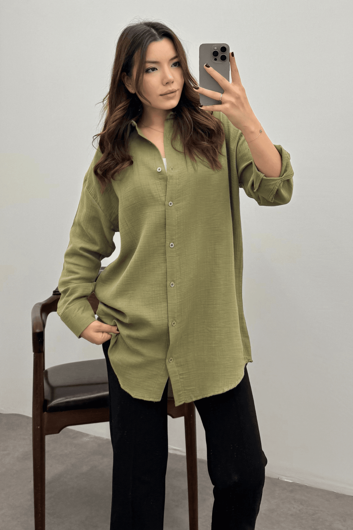 Kadın Haki Oversize Basic Müslin Gömlek