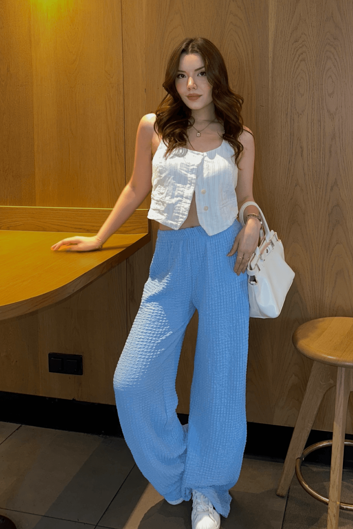  Kadın Bebe Mavisi Yüksek Bel Likralı Dökümlü Relax Bubble Pantolon