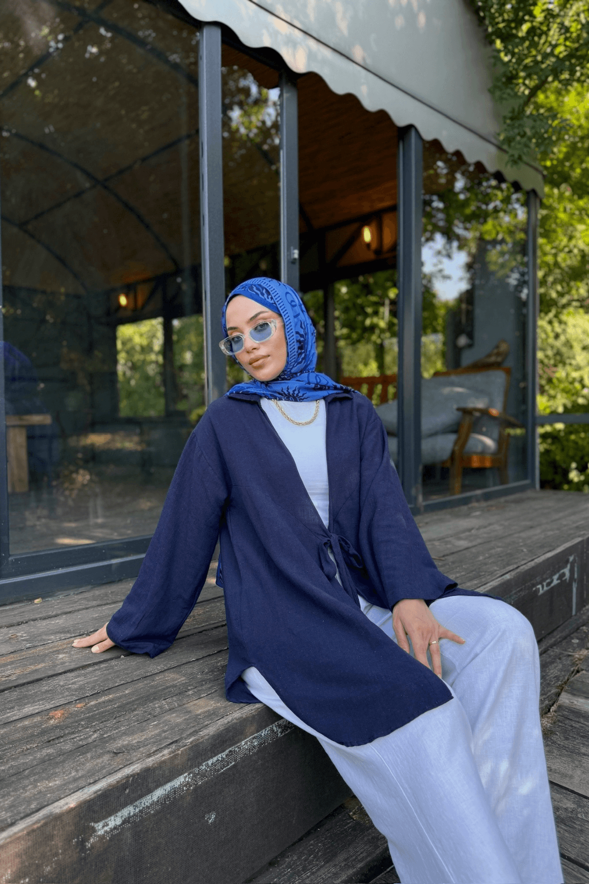 Kadın Lacivert Bağlama Detaylı Flam Keten Kimono