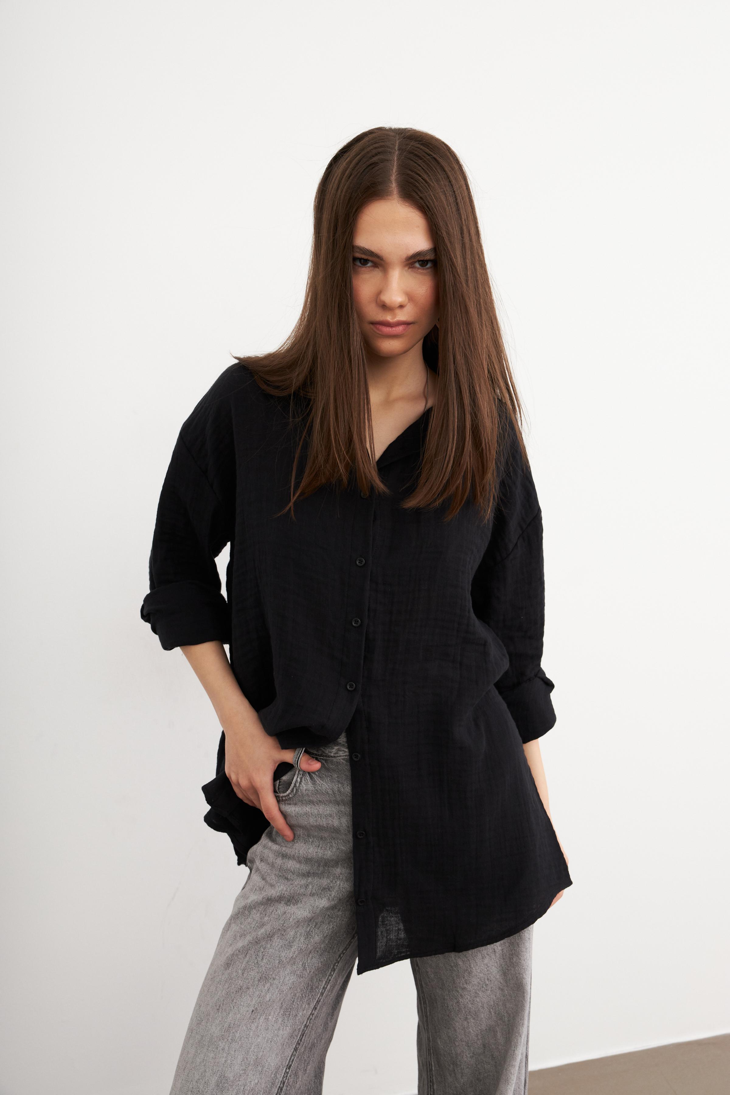 Kadın Siyah Oversize Basic Müslin Gömlek