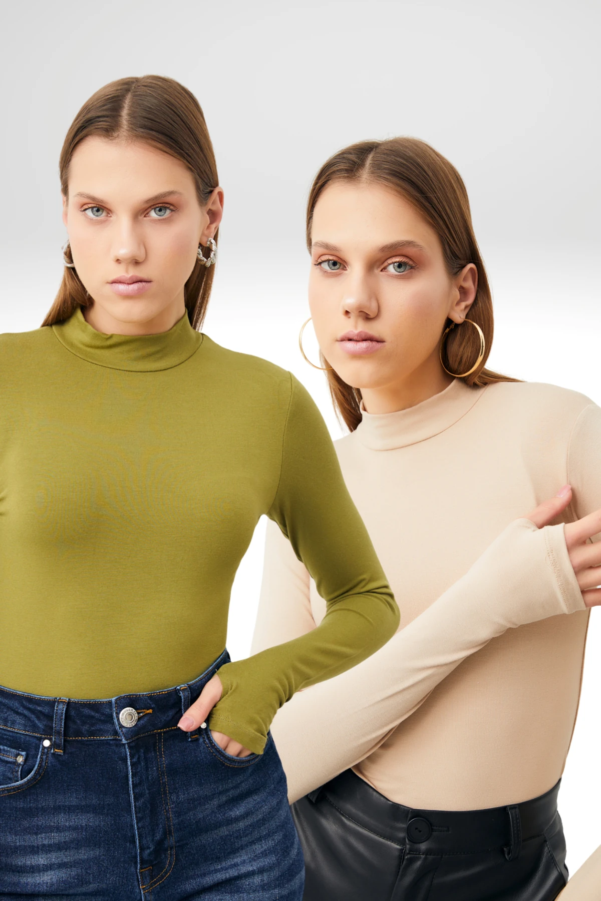 Kadın Yağ Yeşili Krem Parmak Detaylı 2'li Body