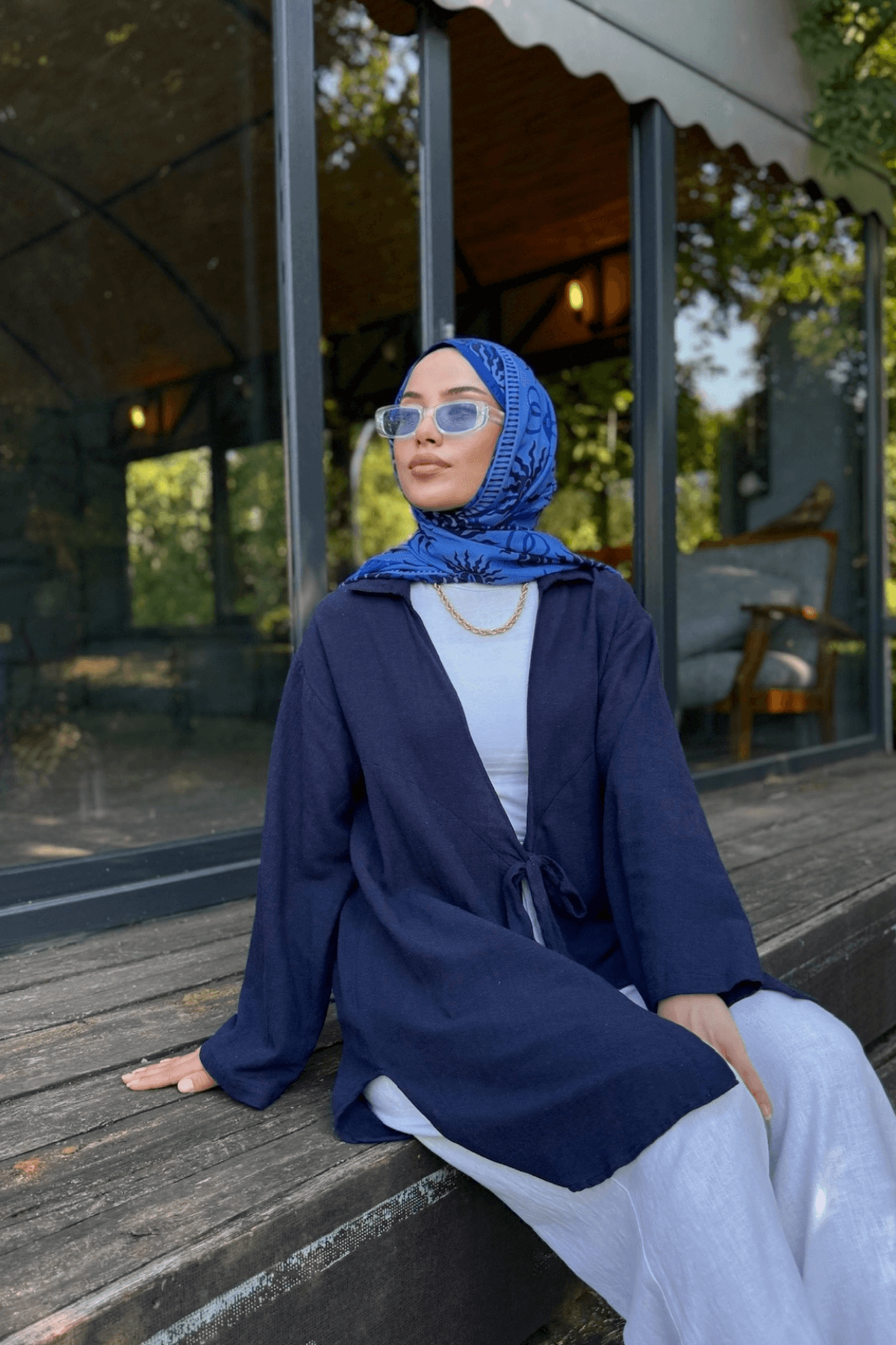 Kadın Lacivert Bağlama Detaylı Flam Keten Kimono