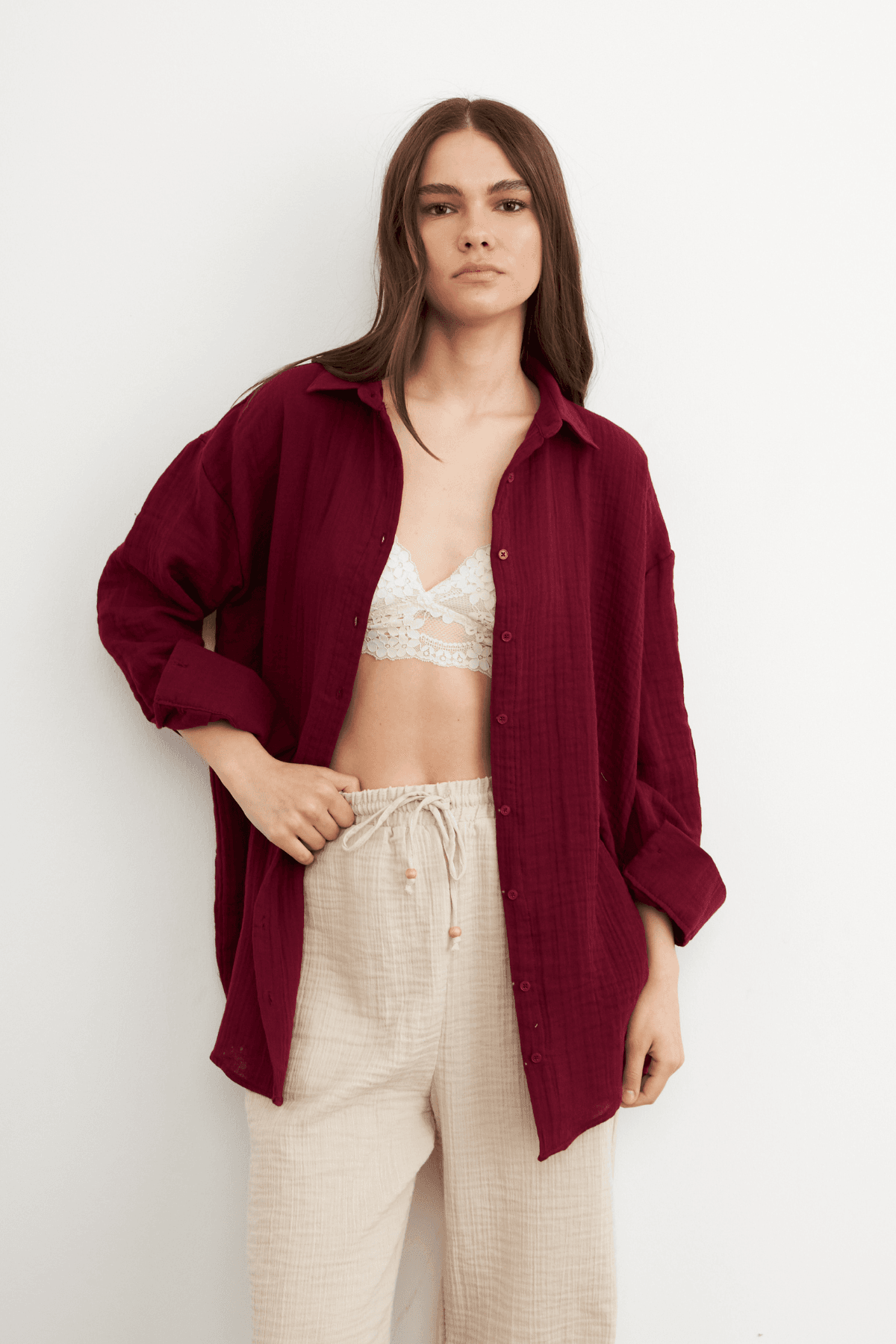 Kadın Bordo Oversize Basic Müslin Gömlek