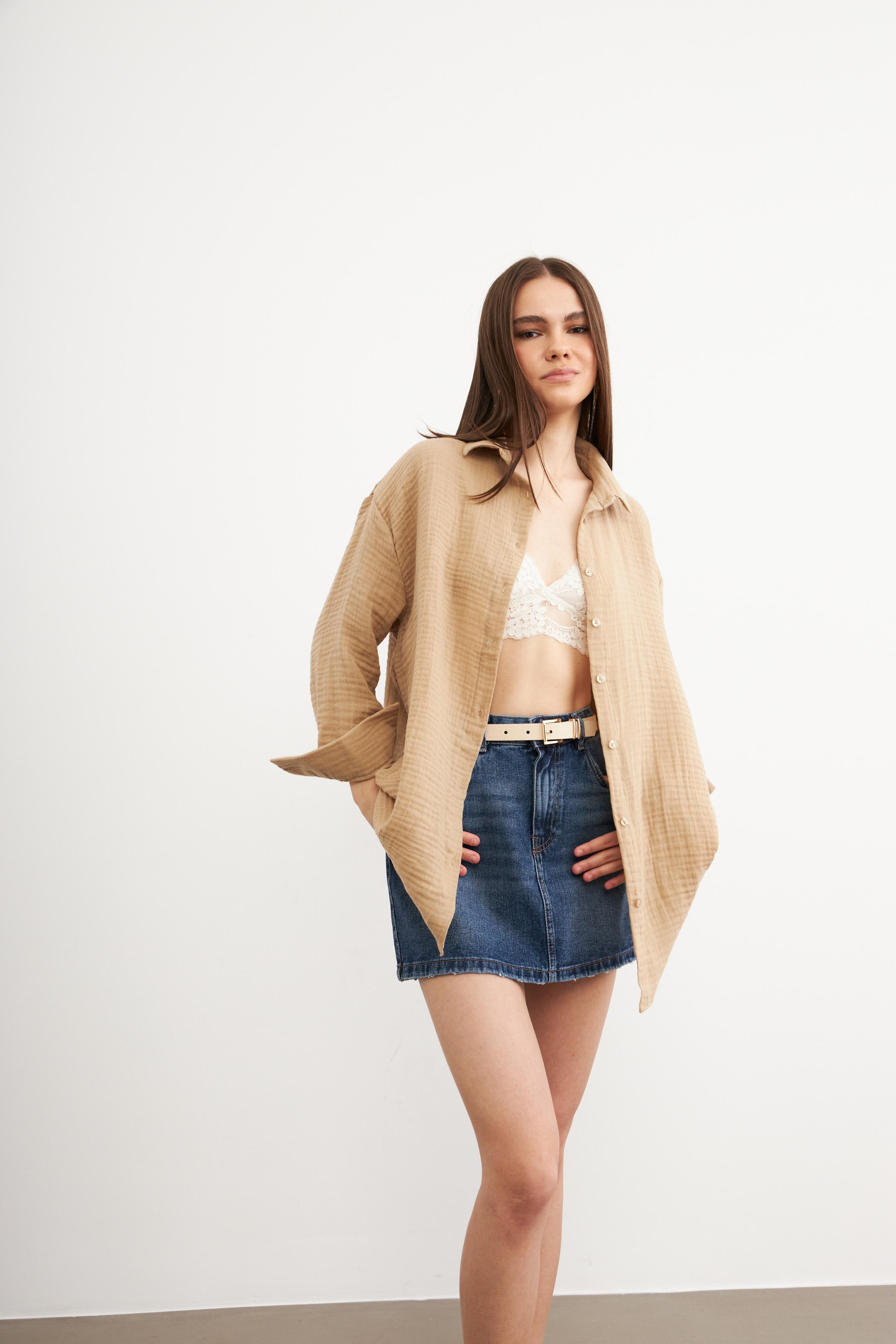 Kadın Krem Oversize Basic Müslin Gömlek