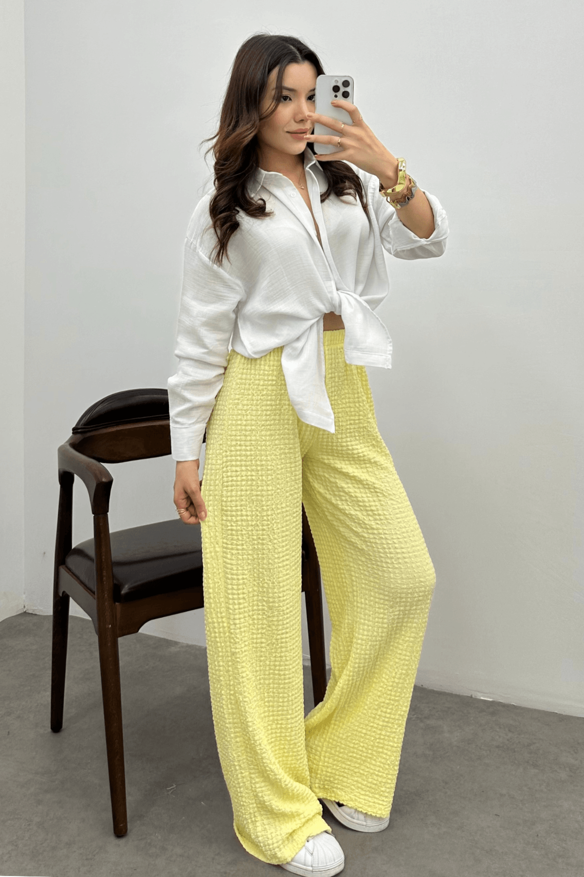 Kadın Tereyağı Sarısı Yüksek Bel Likralı Dökümlü Relax Bubble Pantolon