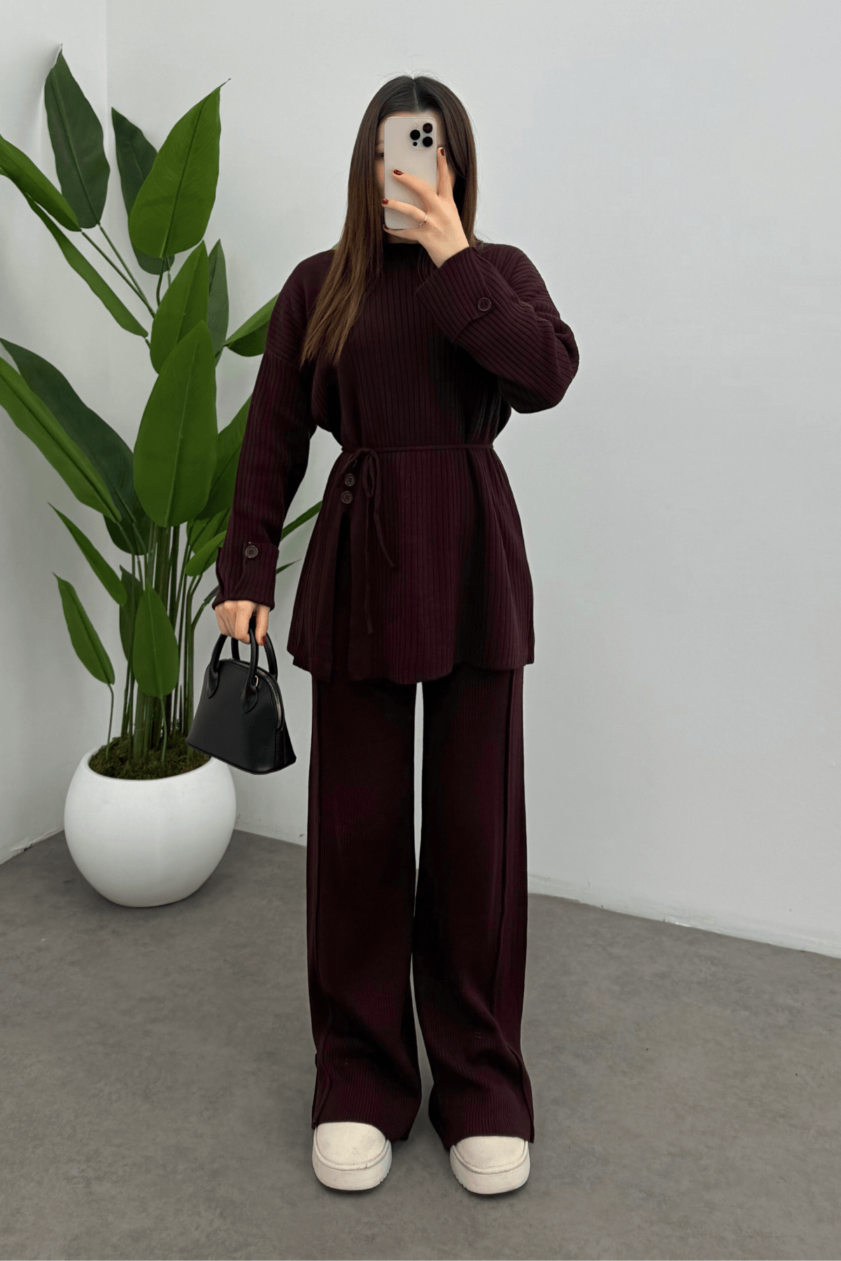 Kadın Bordo Bel Bağlamalı Düğme Detaylı Fitilli Triko Kazak Pantolon İkili Takım