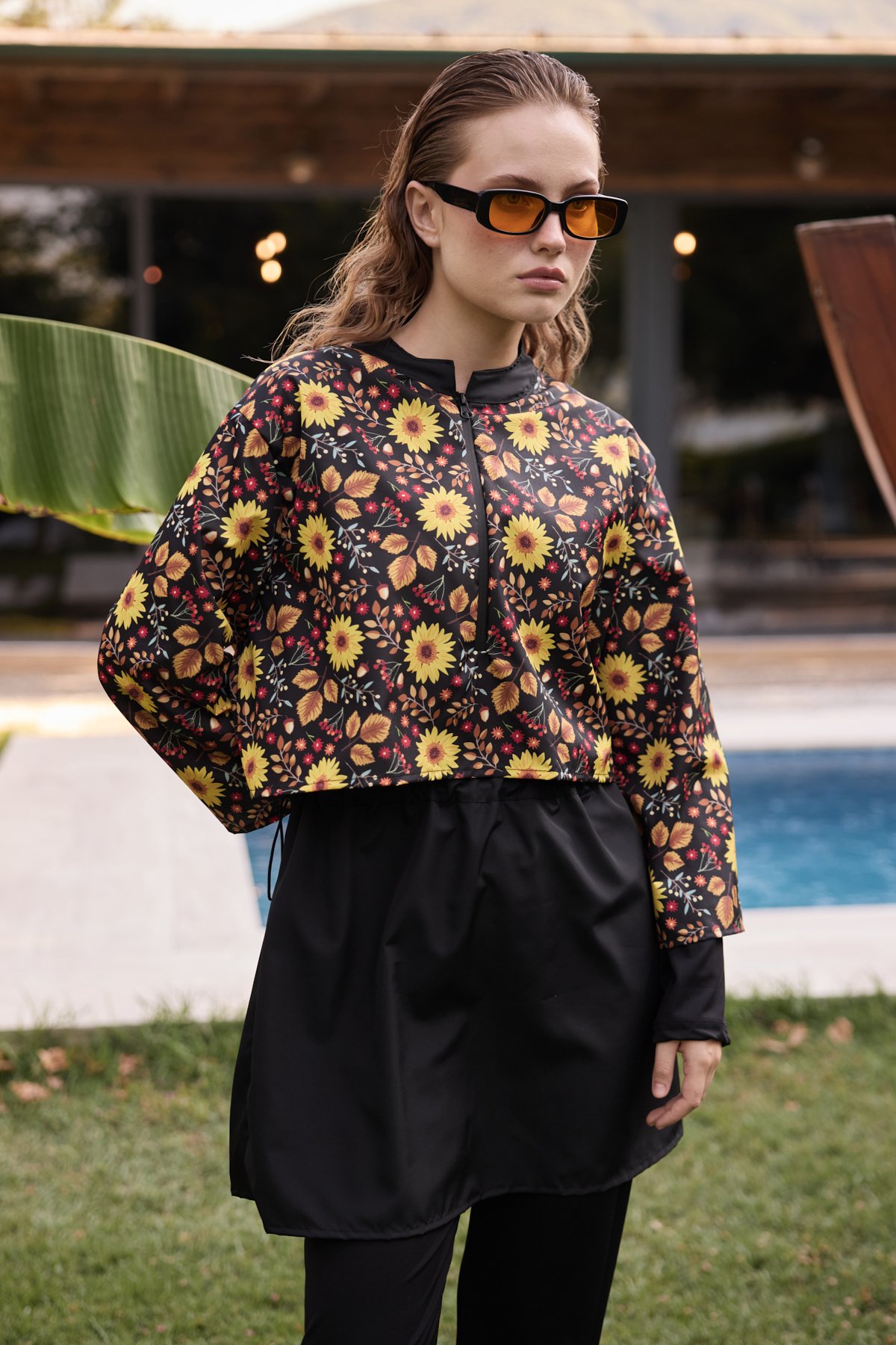 Kadın Tesettür Sunset Flowers Baskılı Tam Kapalı 3 Parça Mayo Takımı
