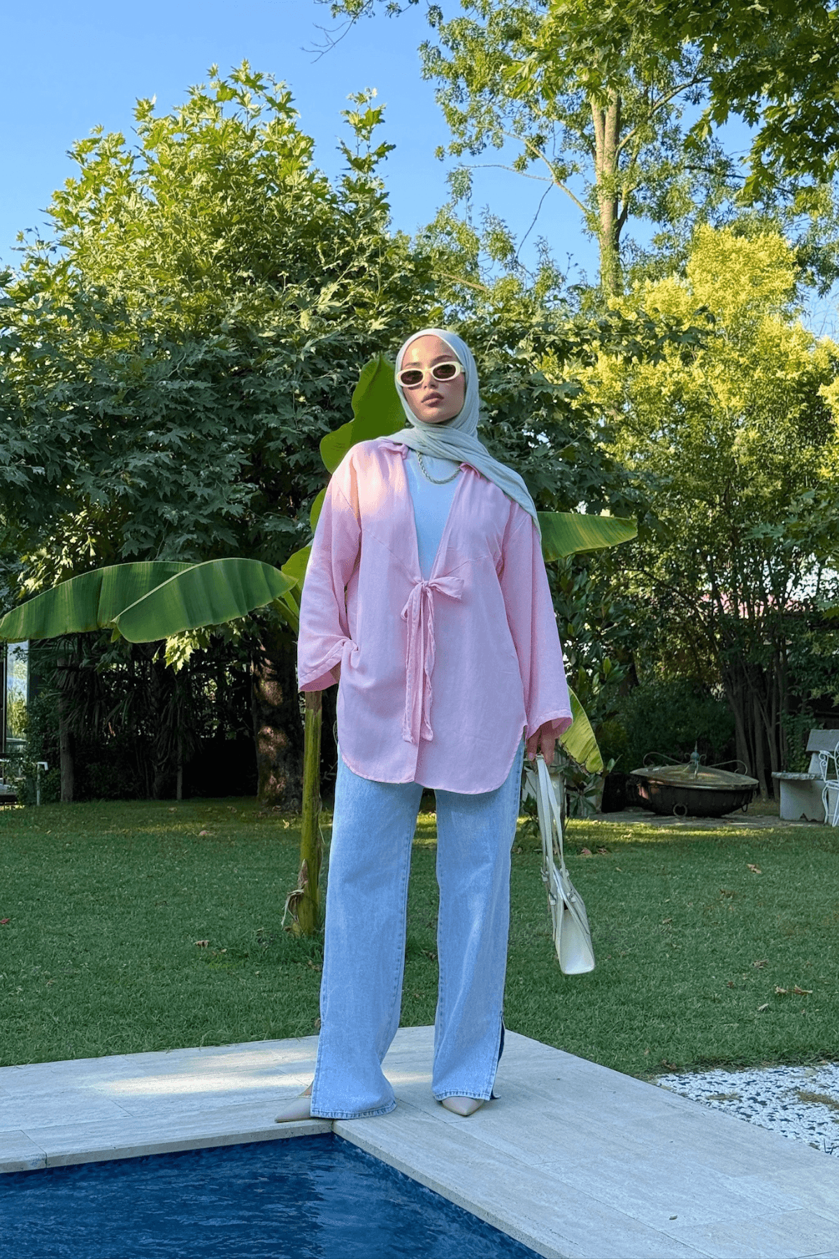 Kadın Pembe Bağlama Detaylı Flam Keten Kimono