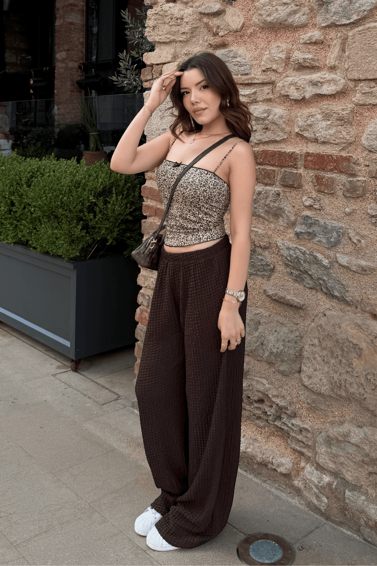 Kadın Acı Kahve Yüksek Bel Likralı Dökümlü Relax Bubble Pantolon