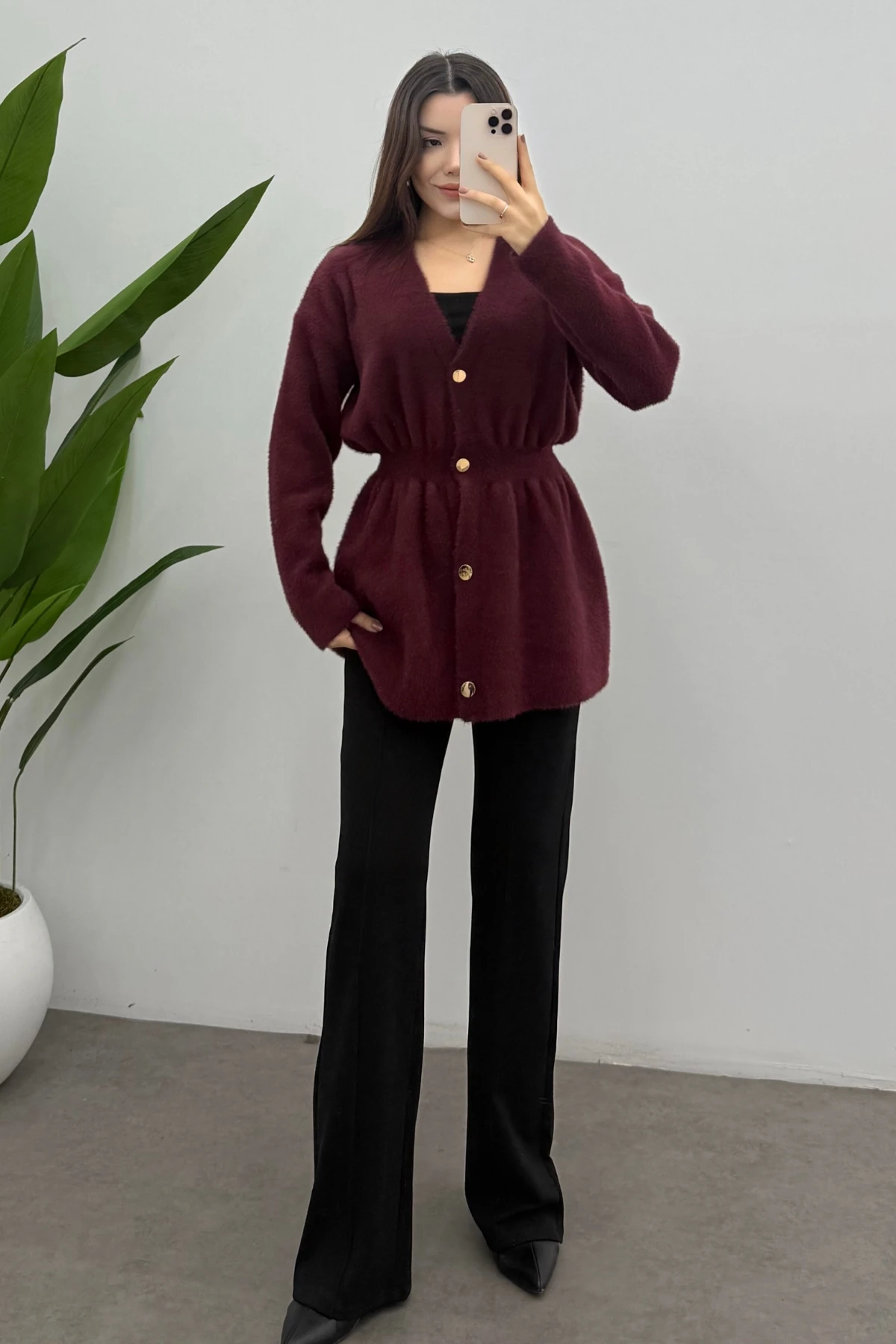 Kadın Bordo Gold Çıtçıt Detaylı Soft Triko Hırka