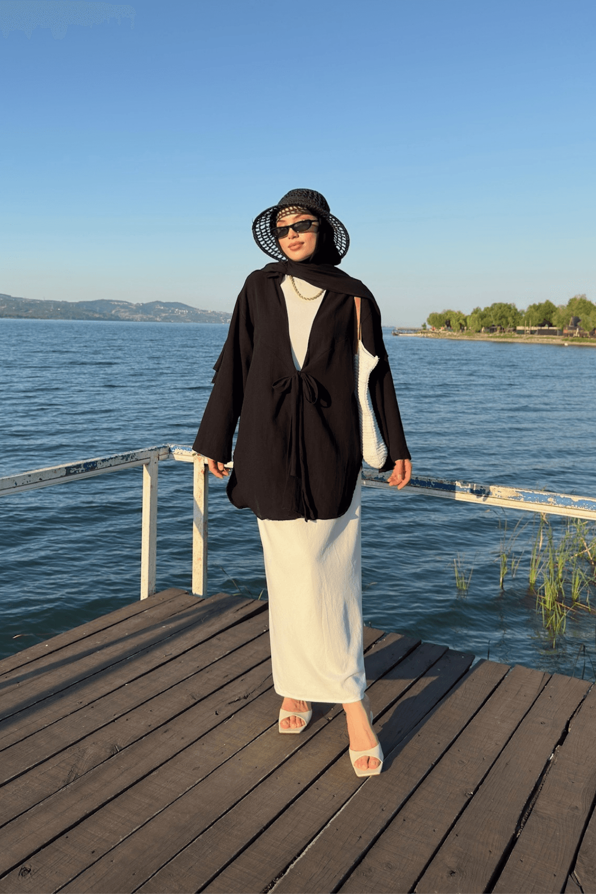 Kadın Siyah Bağlama Detaylı Flam Keten Kimono