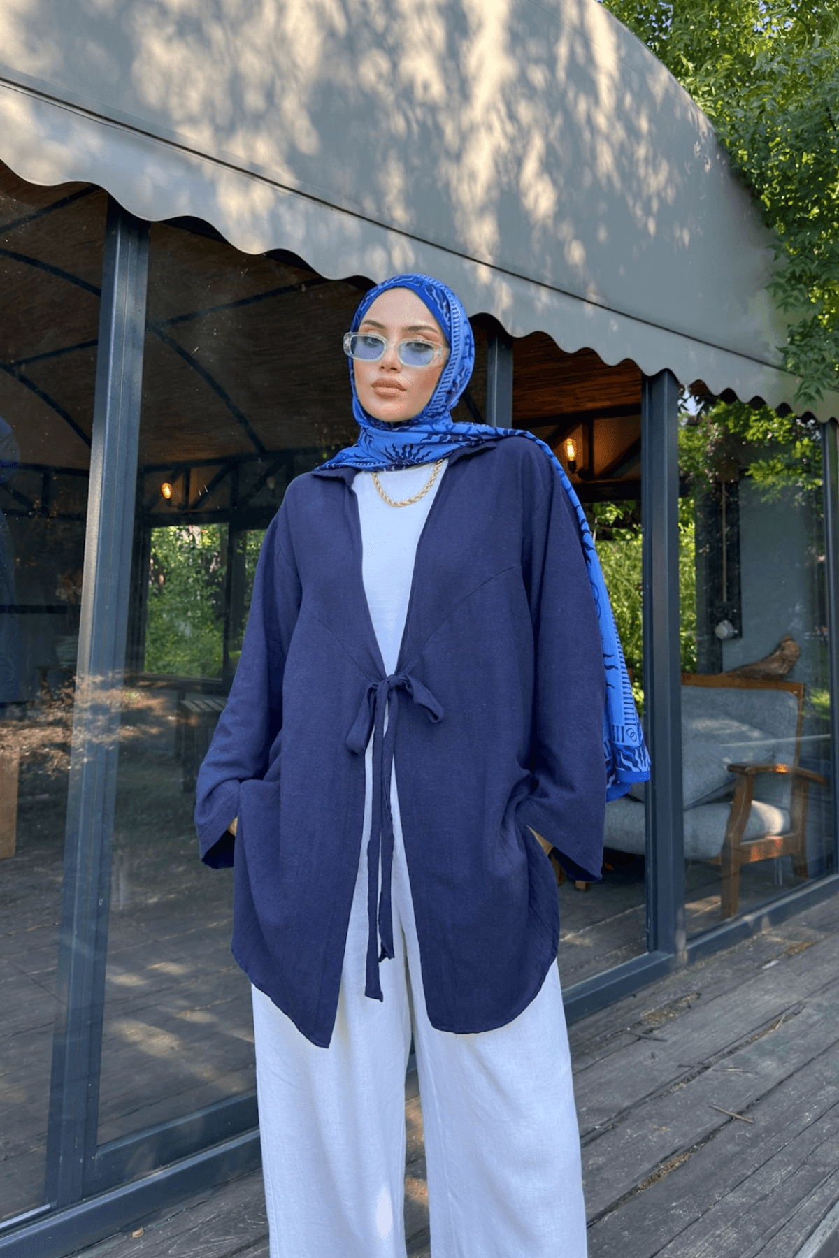 Kadın Lacivert Bağlama Detaylı Flam Keten Kimono