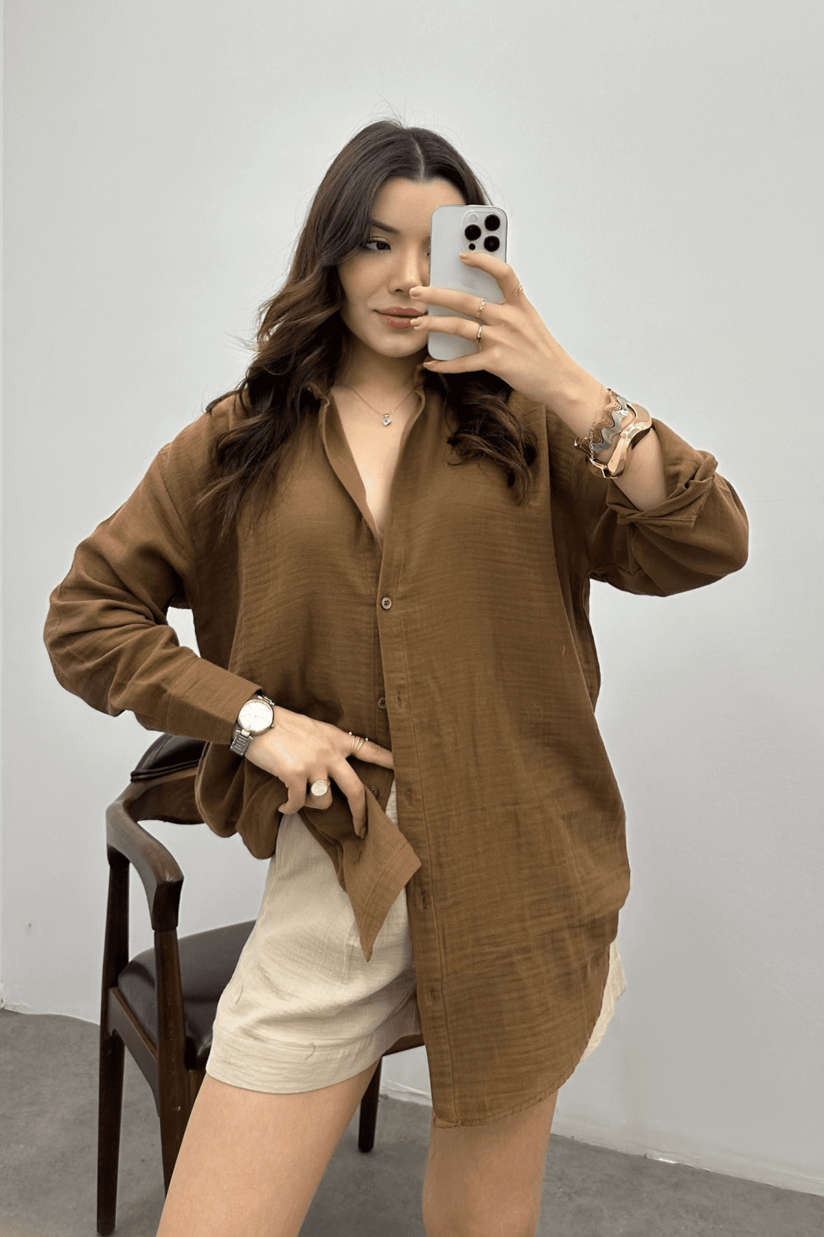 Kadın Kızıl Kahve Oversize Basic Müslin Gömlek