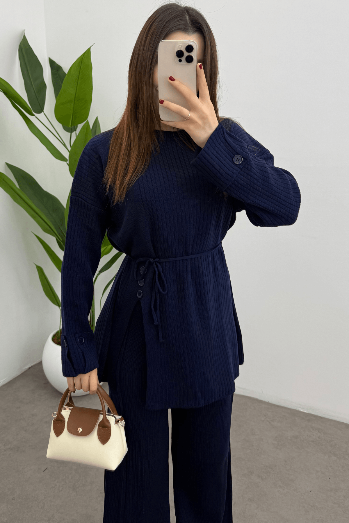 Kadın Lacivert Bel Bağlamalı Düğme Detaylı Fitilli Triko Kazak Pantolon İkili Takım