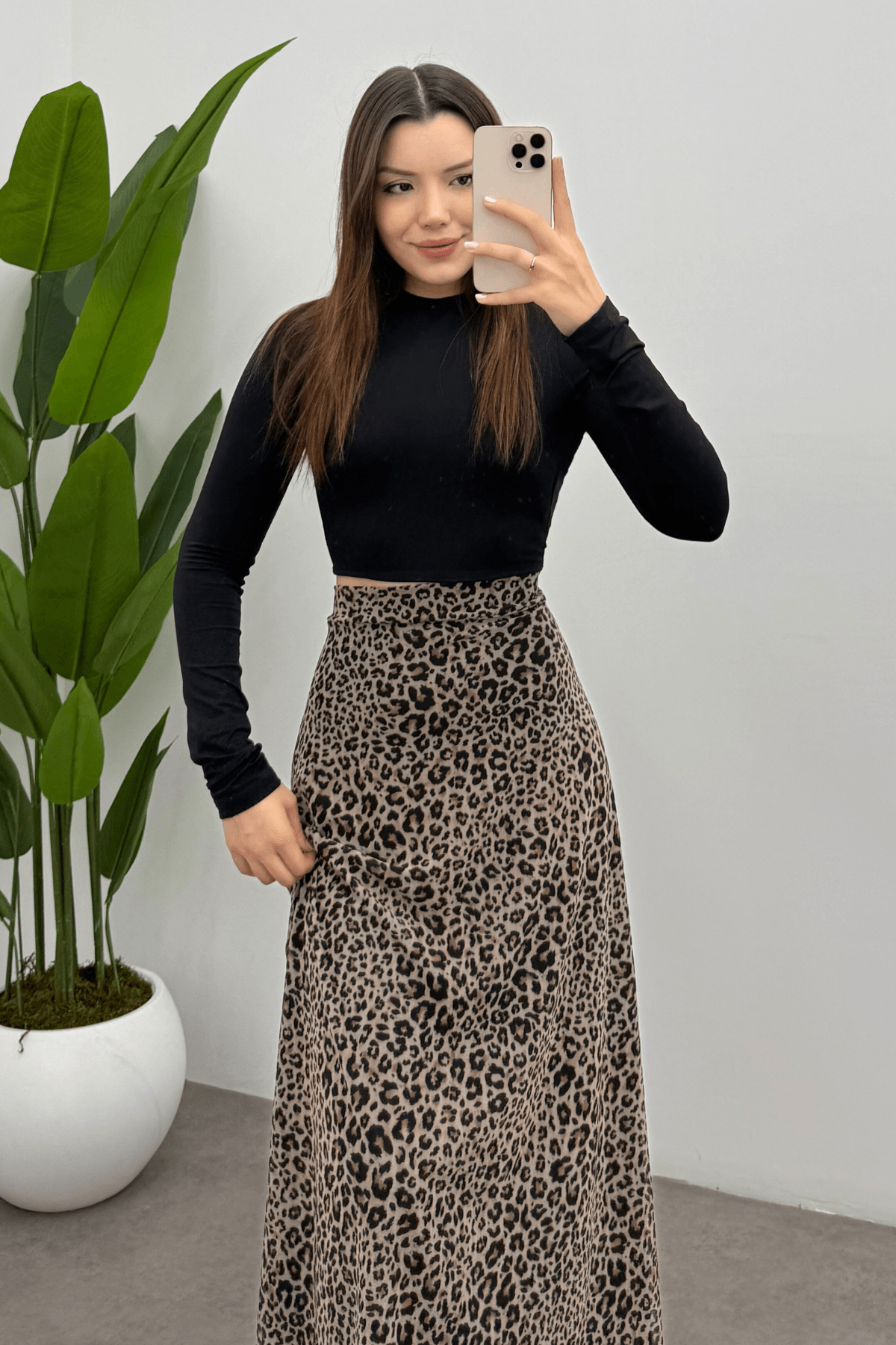 Kadın Kahverengi Nokta Leopar Baskılı  Arka Lastik Detaylı Fermuarlı Tül Etek