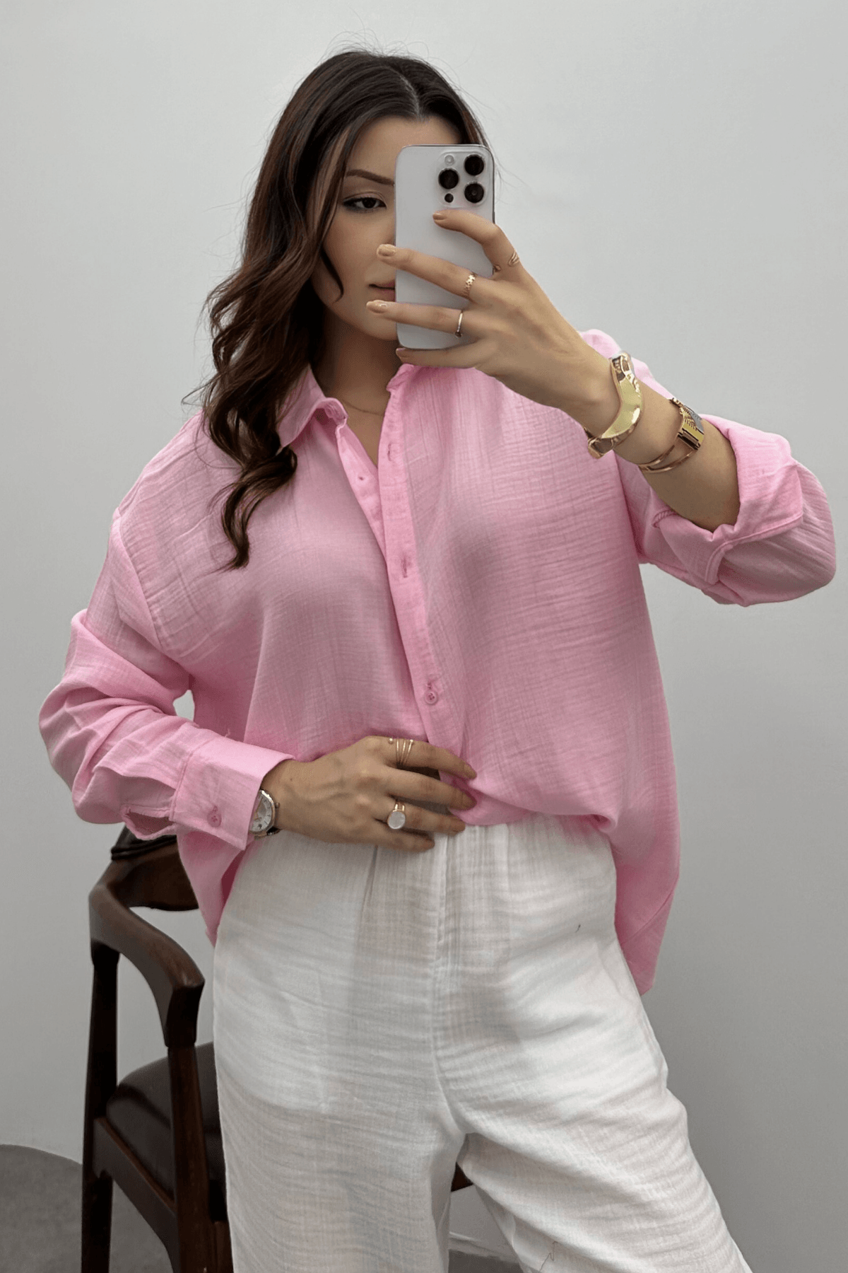 Kadın Pembe Oversize Basic Müslin Gömlek
