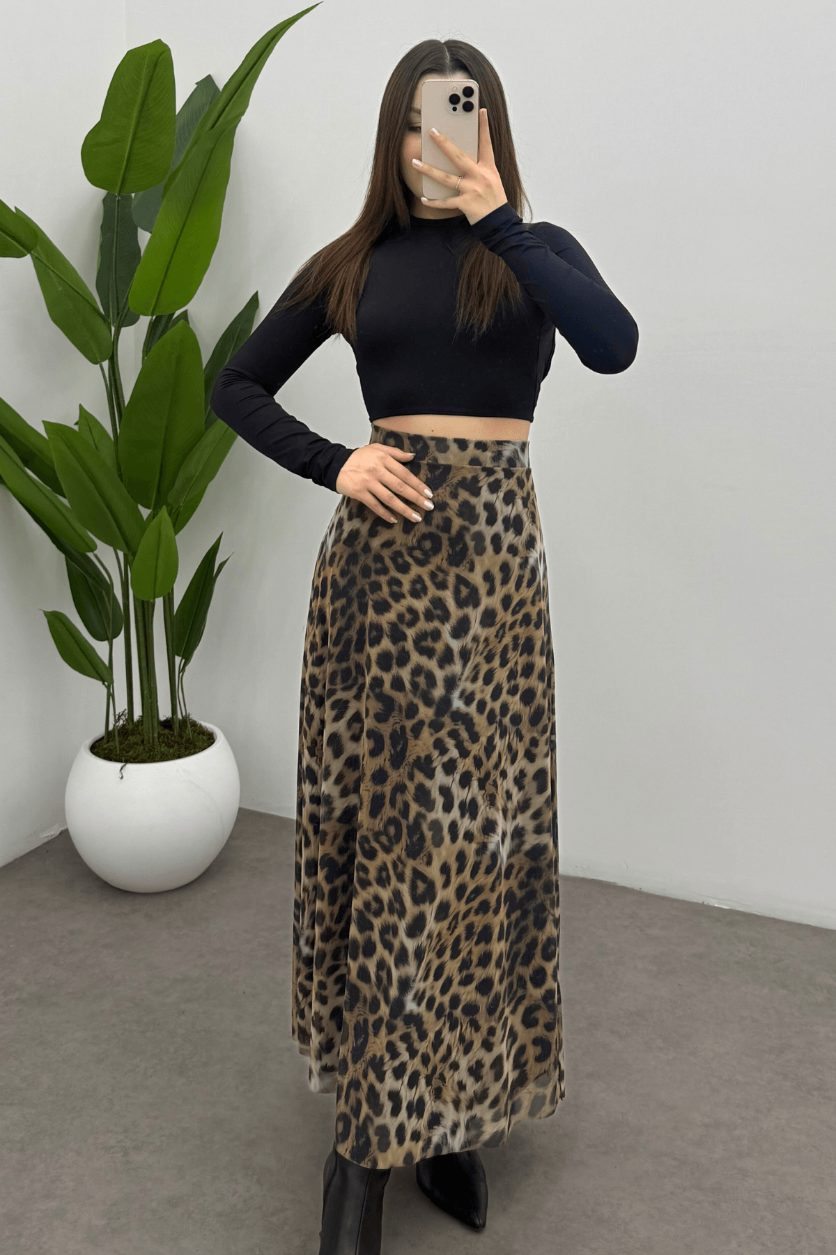  Kadın Leopar   Arka Lastik Detaylı Fermuarlı Maksi  Tül Etek