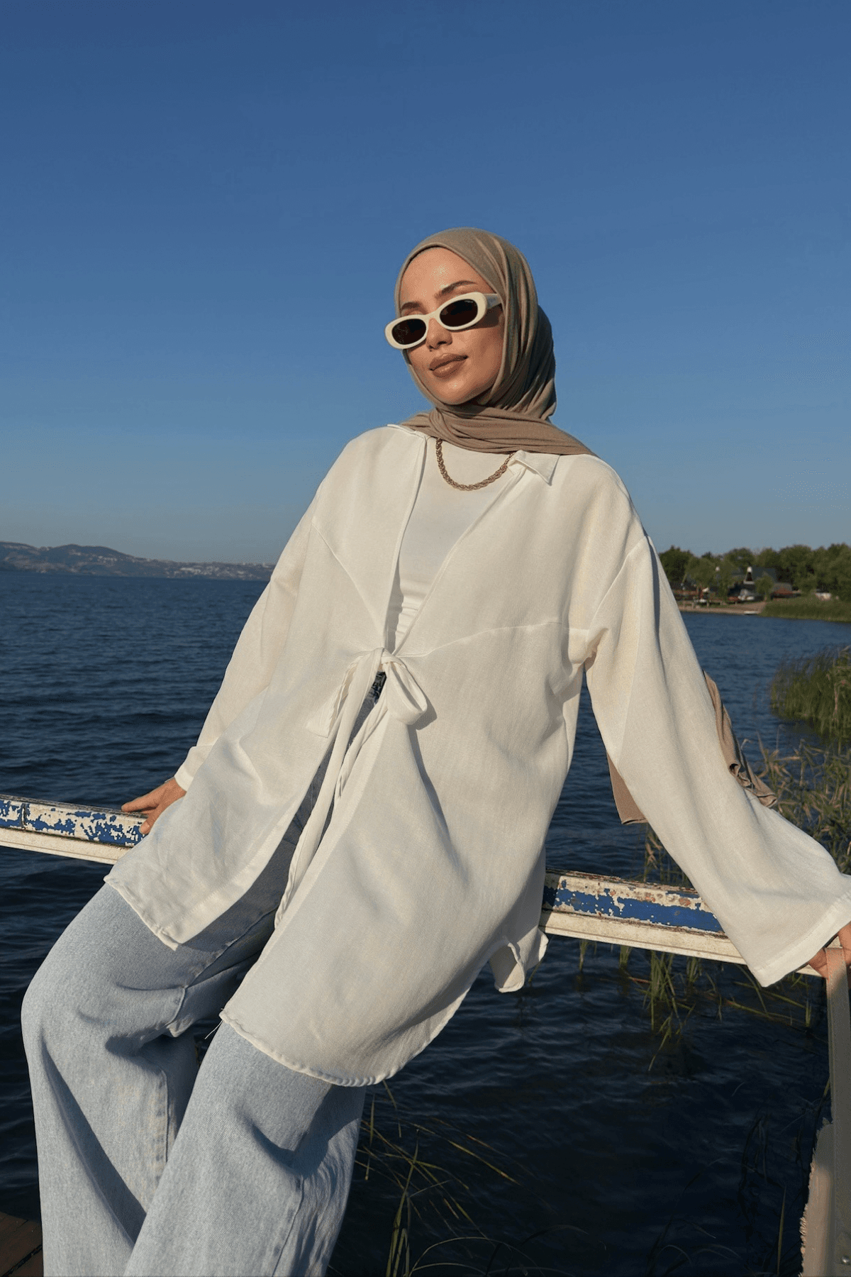 Kadın Beyaz Bağlama Detaylı Flam Keten Kimono